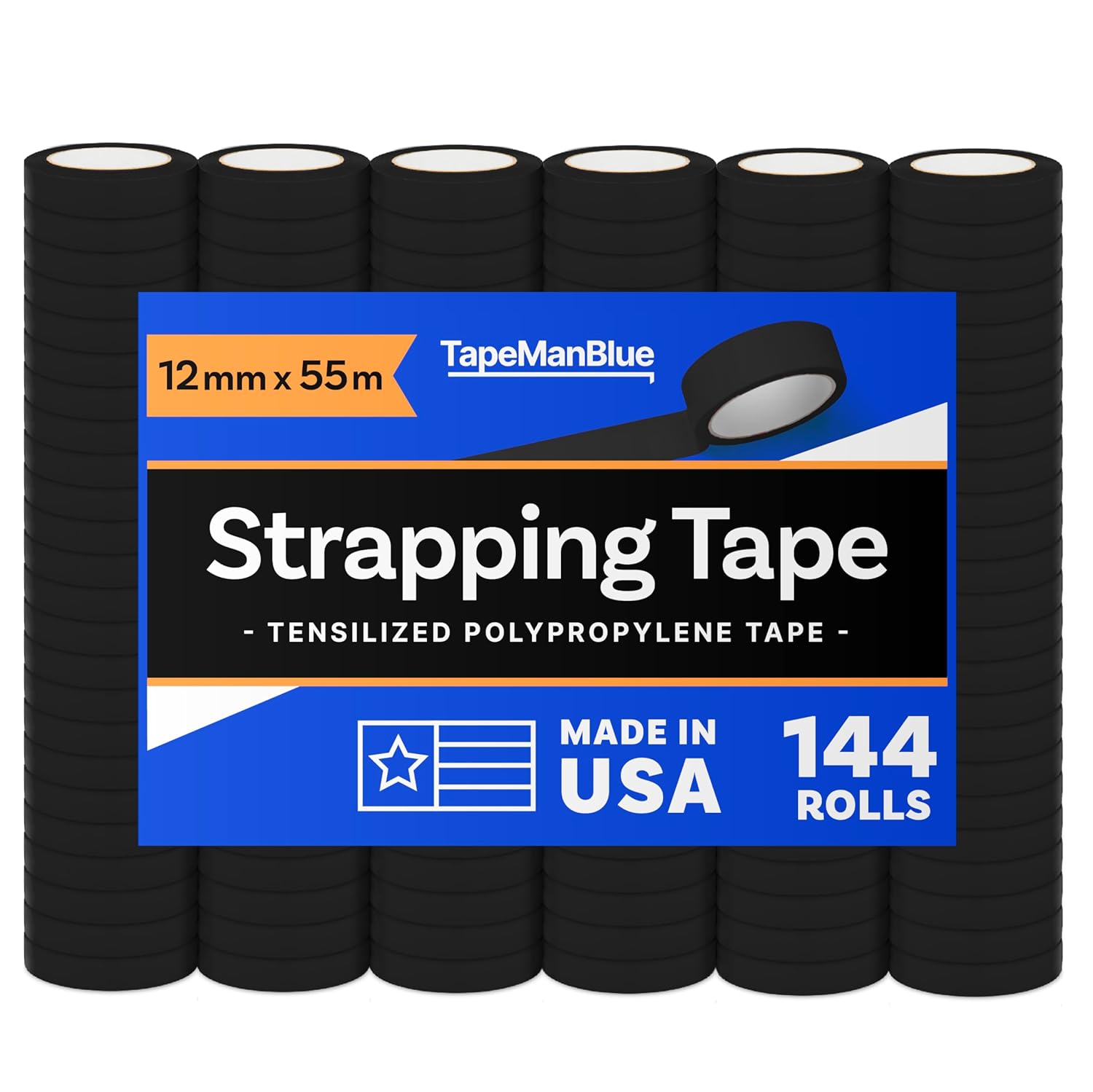 TapeManBlue Strapping Tape, Black Tensilized Polypropylene Strapping Tape for Banding, Bundling, Packaging and Palletizing, Made in USA (12 mm x 55m (144 Rolls))