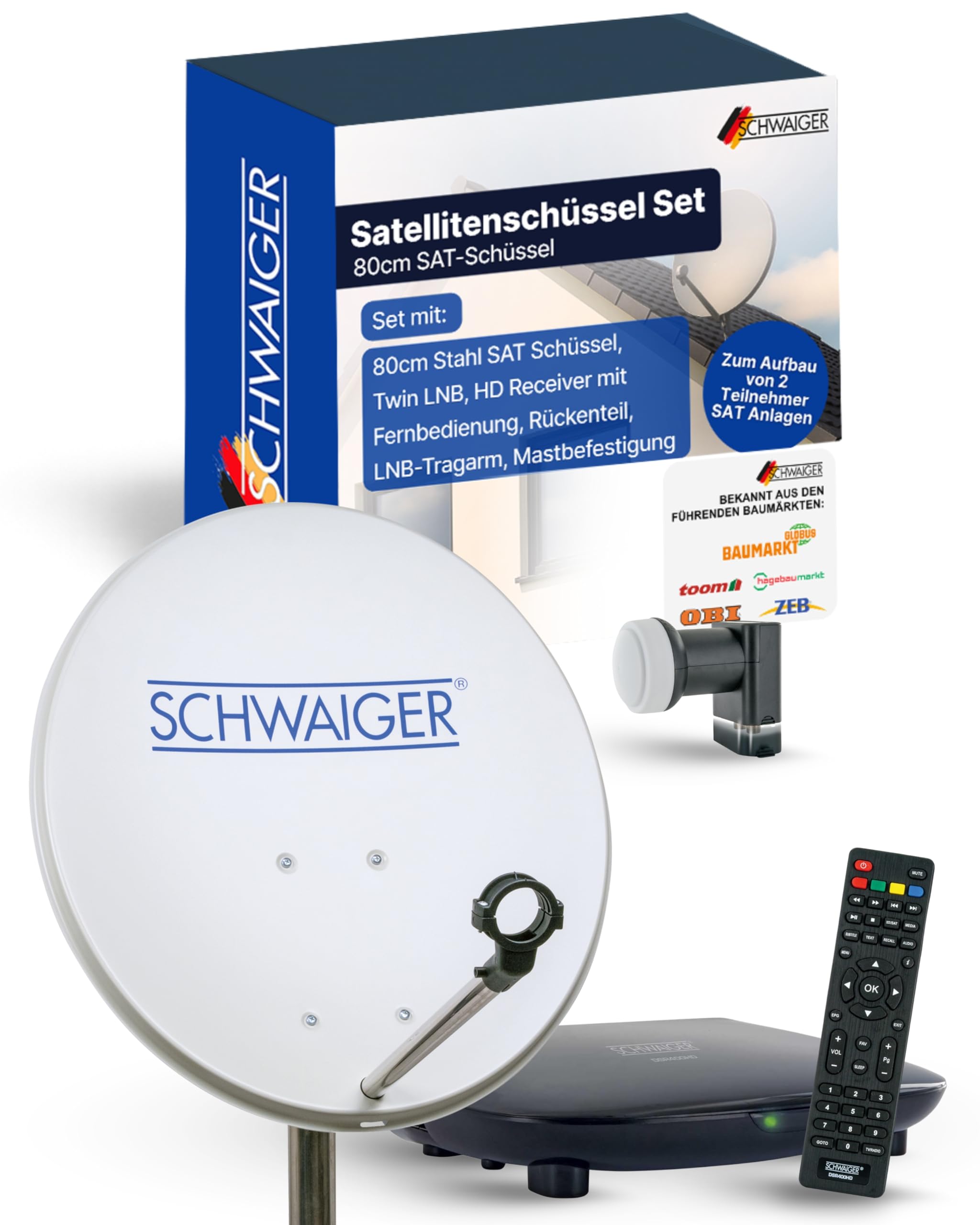 Schwaiger Satellitenschüssel Komplettset I Ø 80 cm Stahl Offset Antenne in Hellgrau I Inkl. Twin LNB 2-Fach & HD SAT-Receiver mit Fernbedienung I Digital HD Empfang I Integrierte Kabelführung
