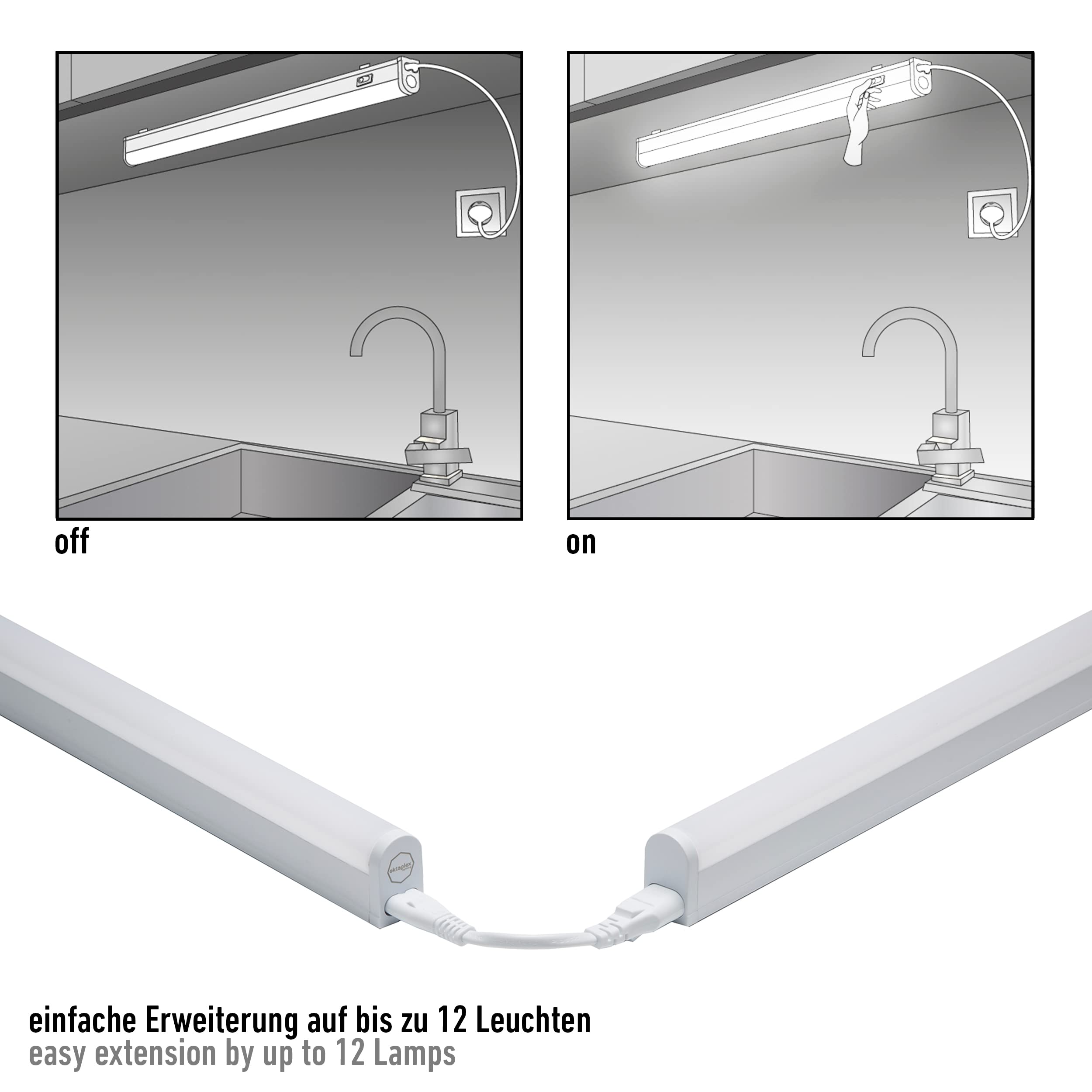 Oktaplex lighting Lampa podszafkowa LED do kuchni, 18 W, 1620 lm, ciepła biel, 3000 K, lampa pod szafkę kuchenną z przełącznikiem z możliwością rozszerzenia | długość: 114 cm