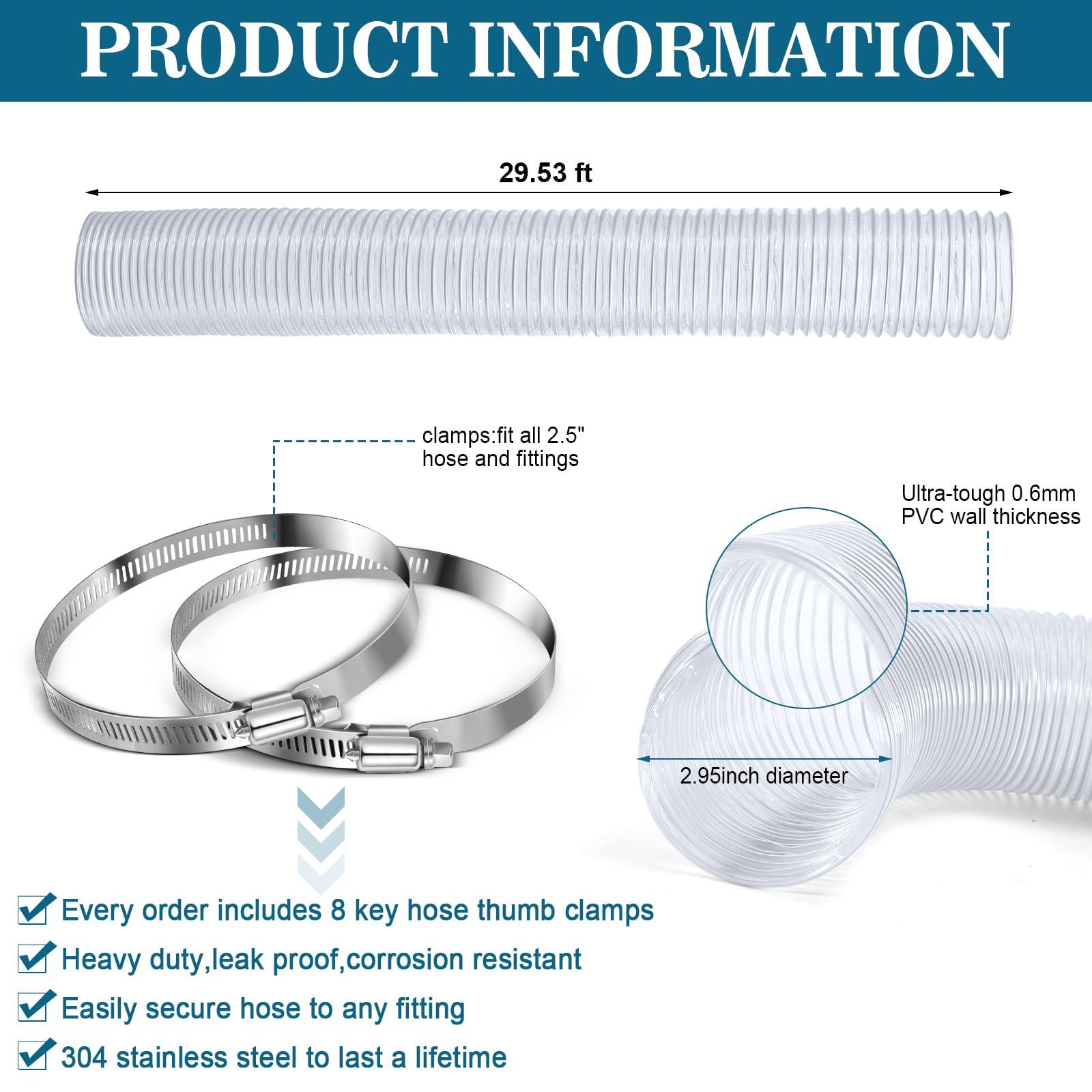 Yaocom Manguera de recogida de polvo de PVC de 30 pies con abrazaderas de manguera de acero inoxidable, manguera de vacío flexible transparente resistente a pinchazos, manguera de humo para