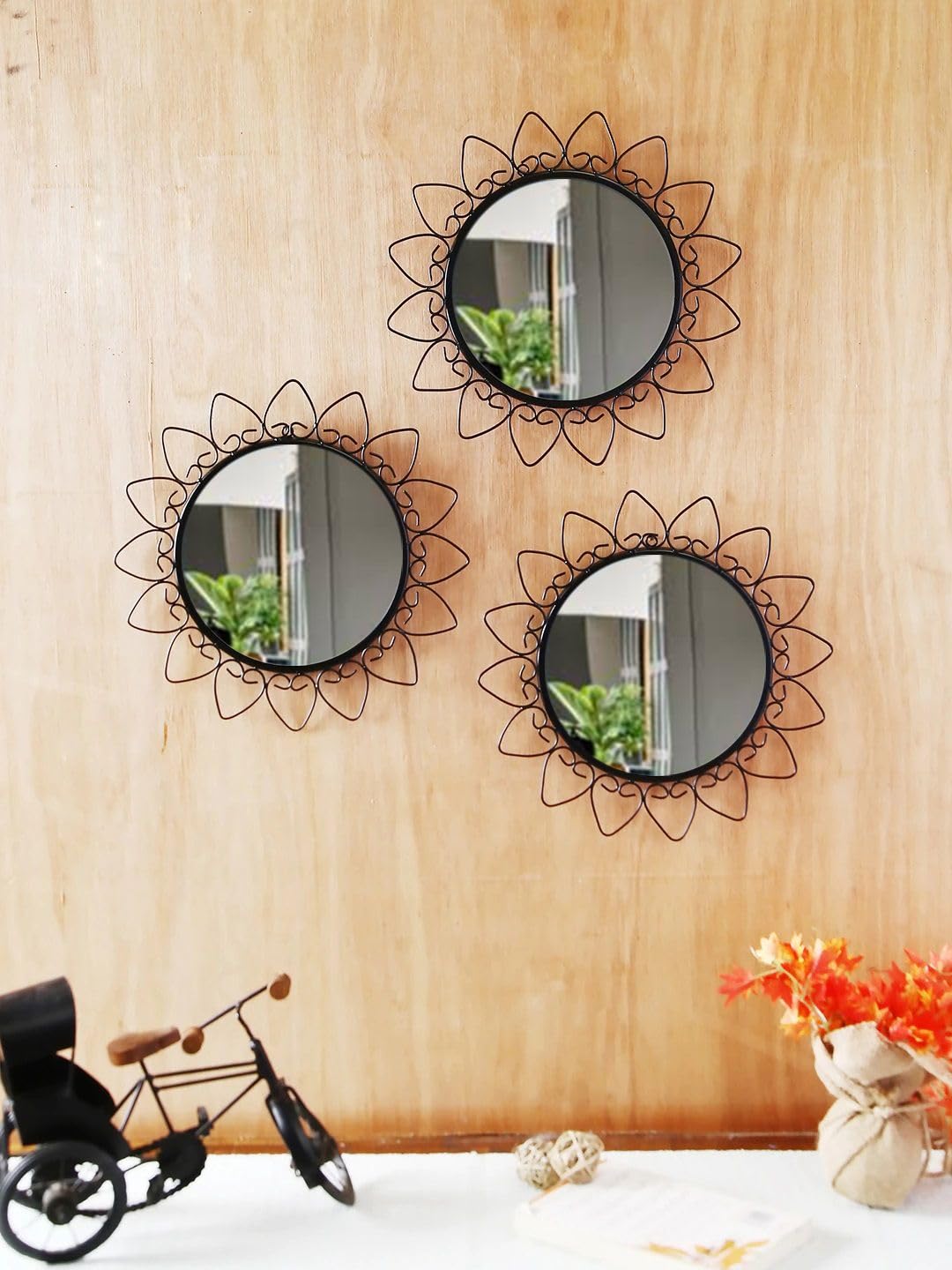 Iron Framed Decorative Wall Mounted Round Hanging Mirror Heart Design Modern Art Mirror for Living Room, Home Decor (30 Cm, Pack of 3)-image-33