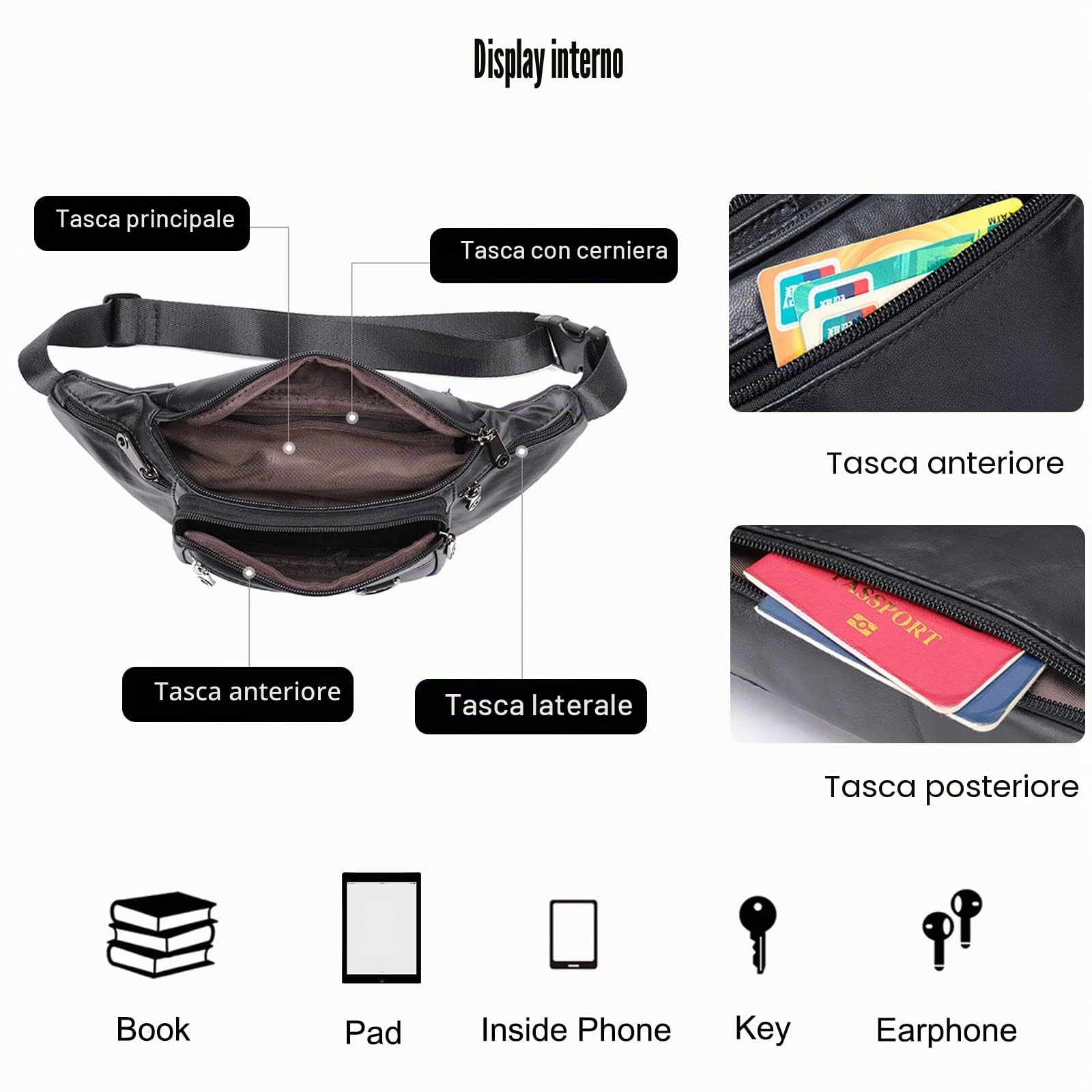 FANDARE Marsupio Sportivo con Tasche Multiple Zaino Monospalla da Donna Uomo Pelle Borsello Borsa a Spalla Borse piccole a tracolla Zainetto per lavoro Ciclismo Viaggio Sling BagNero B
