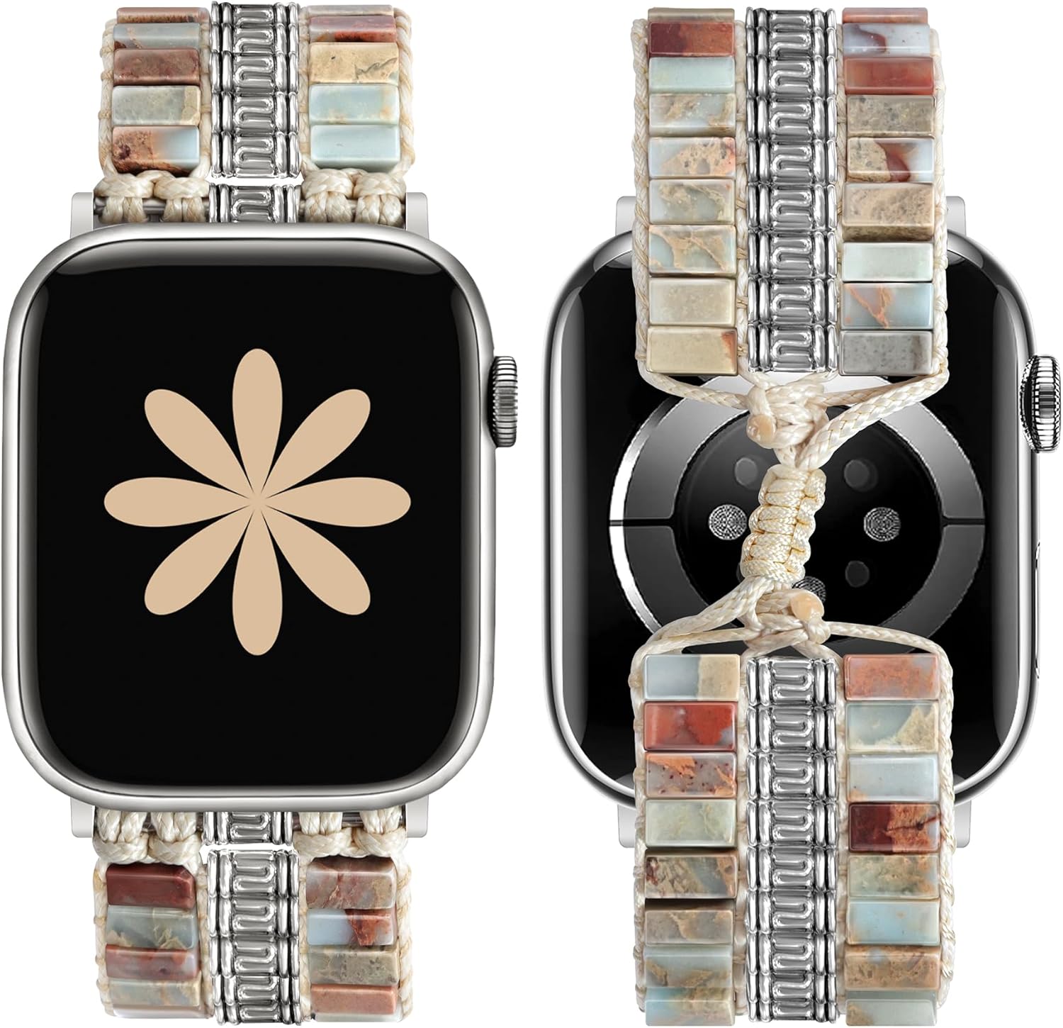 JR.DM Boho Beaded Natural Stone Bracelet for Women Compatible with Apple Watch Band 38/40/41/42/44/45/46/49mm, Handmade Braided Rope Strap for iWatch Series 10/9/8/7/6/5/4/3/2/1/SE, Agalmatolite