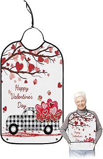 BOBOWUNY Valentine Truck Adult Bibs for Elder Women Men Eating, Red Love Heart Tree Roses Waterproof & Washable Bibs for Eating Clothing Protector Dining Bibs for Crumb Catcher
