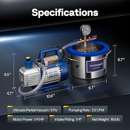 Miniatura 7 de VIVOHOME Cámara de vacío de 1.5 galones con bomba, kit de cámara de desgasificación al vacío de acero inoxidable con bomba de vacío de una sola
