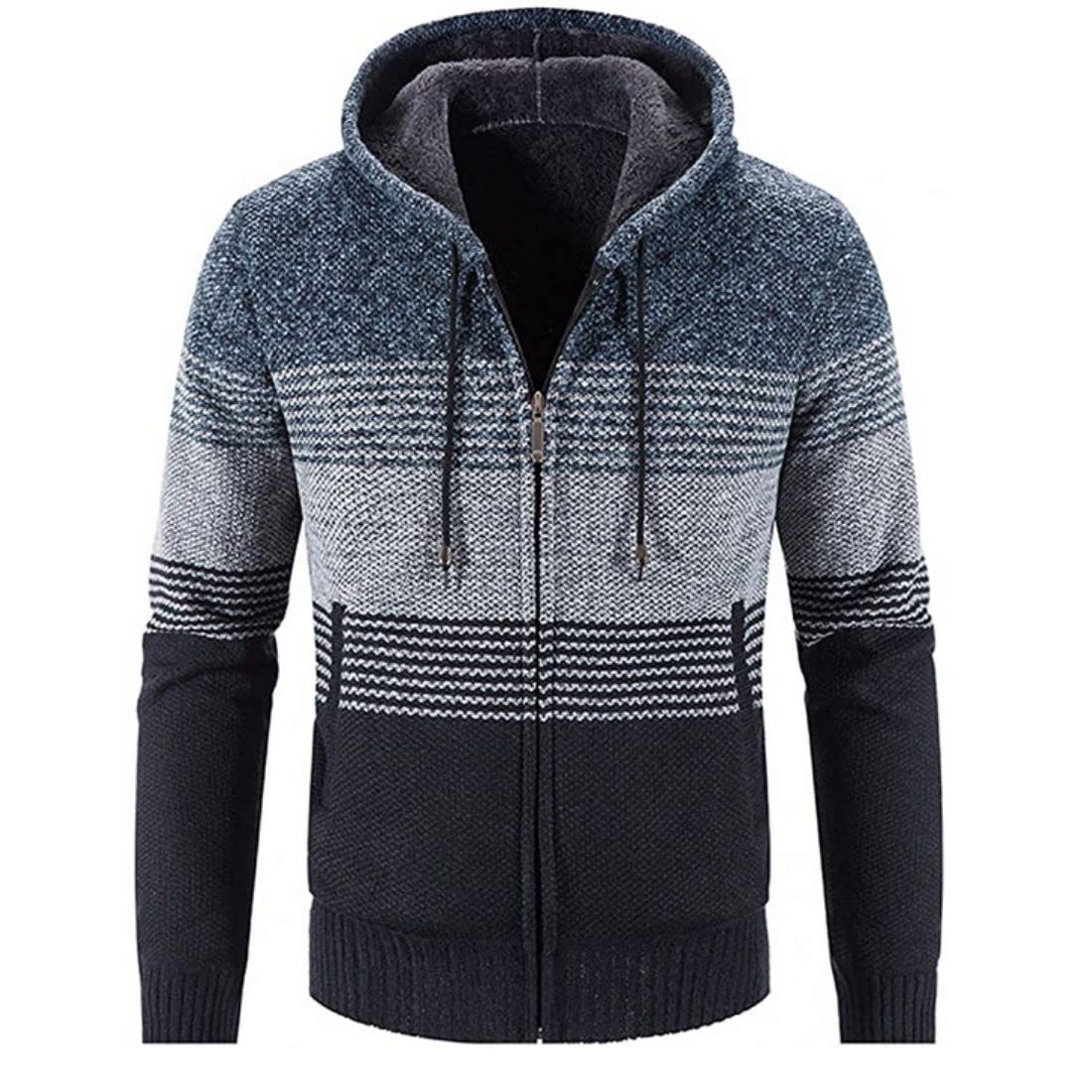 Kinkia Men's Zip Up Hoodies Casual Long Sleeve Full Zipper Sherpa Fleece Lined Knit Cardigan Sweater Jacket with Pockets