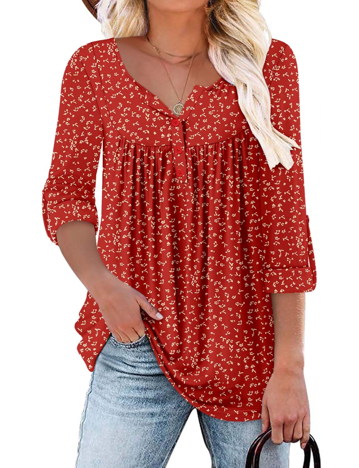 KISSMODA Ladies Pleated Tunic Tops for Women Buttons up Long Sleeve Shirts Floral Print — view 28