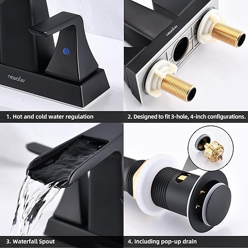 Miniatura 4 de newater - Grifos de baño en cascada para fregadero de 2 a 3 agujeros, grifo de lavabo de baño negro mate de 4 pulgadas con drenaje desplegable de
