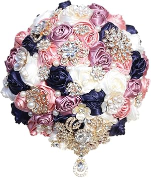 Handmade Rose Floral Crystal Pendant Pearl Decor Bridal Bouquet Luxury Gold Rhinestone Artificial Flowers for Wedding