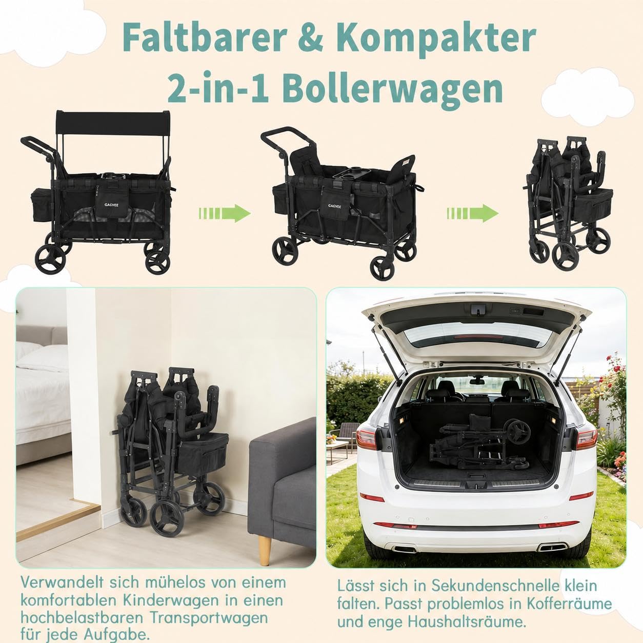 Bollerwagen Für 2 Kinder, Bollerwagen Faltbar Kinder mit Snack Ablage Bollerwagen mit Sitzen, abnehmbarem Sonnendach, 5-Punkt, schwenkbaren/feststellbaren Rädern und 600D Oxford-Gewebe