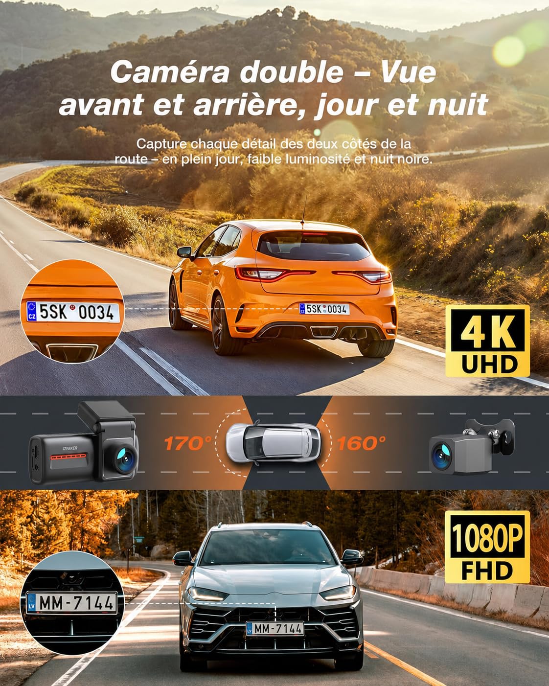 iZEEKER 4K Dashcam Voiture Avant Arrière, Wi-Fi 6 Intégré, Carte SD 32G Offerte, Caméra Dual 4K+1080P, Écran IPS 2,99", Contrôle APP, Vision Nuit, G Capteur, Enregistrement en Boucle, Mode Parking 24H