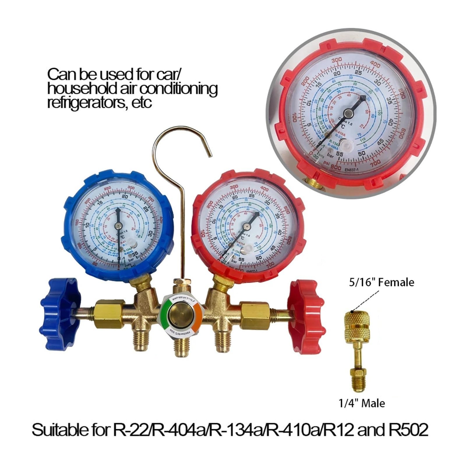 AC-Kältemittel-Nachfüllset, Klimaanlagen-Manometer mit Schlauch und Haken, 3-Wege for R12, R32, R404A, R134a Kompatibel(SET B)