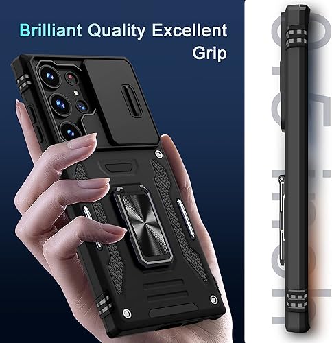 Miniatura 8 de DEERLAMN Funda para Samsung Galaxy S23 Ultra con cubierta deslizante para cámara, soporte de anillo giratorio integrado protección completa de la
