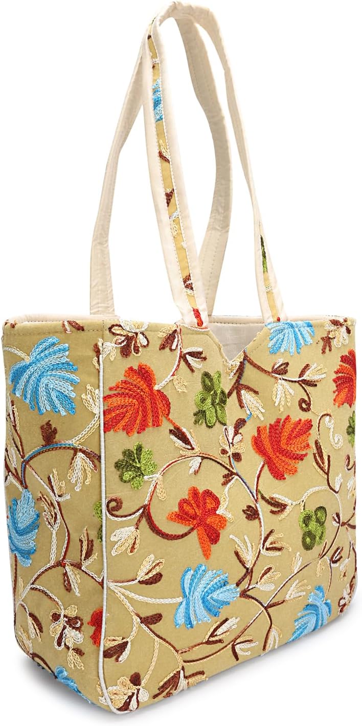 Embroidered Floral Tote Bag for Women, Kashimiri Thread Embrodiery in Multicolor Flowers, Shoulder Handbag For Women