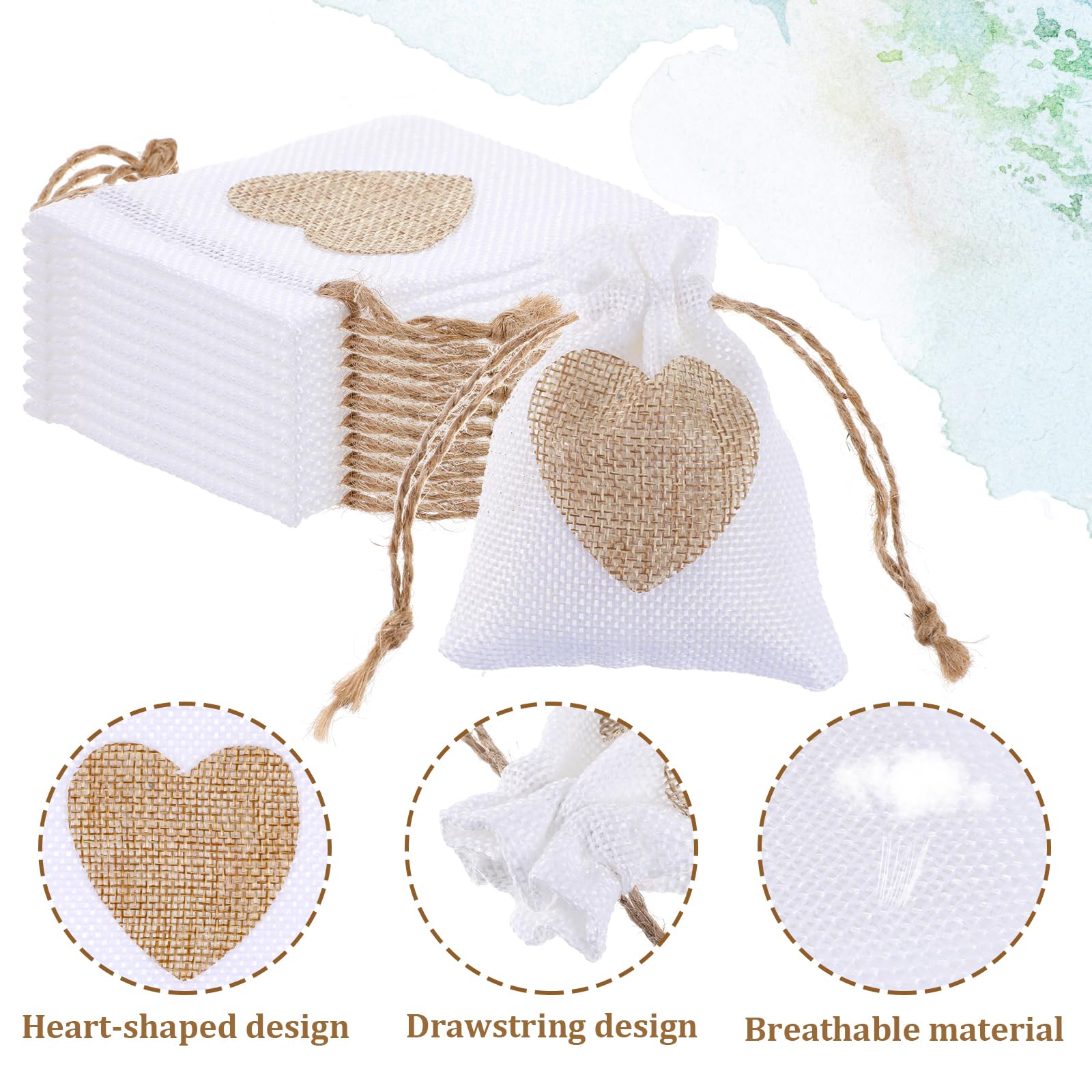 Lot de 10 petits sacs à cordon de serrage 10 x 8 cm en toile de jute avec cordon de serrage, étiquettes et ficelle, réutilisables pour mariage, fête, bijoux, Noël, café, loisirs créatifs (blanc)