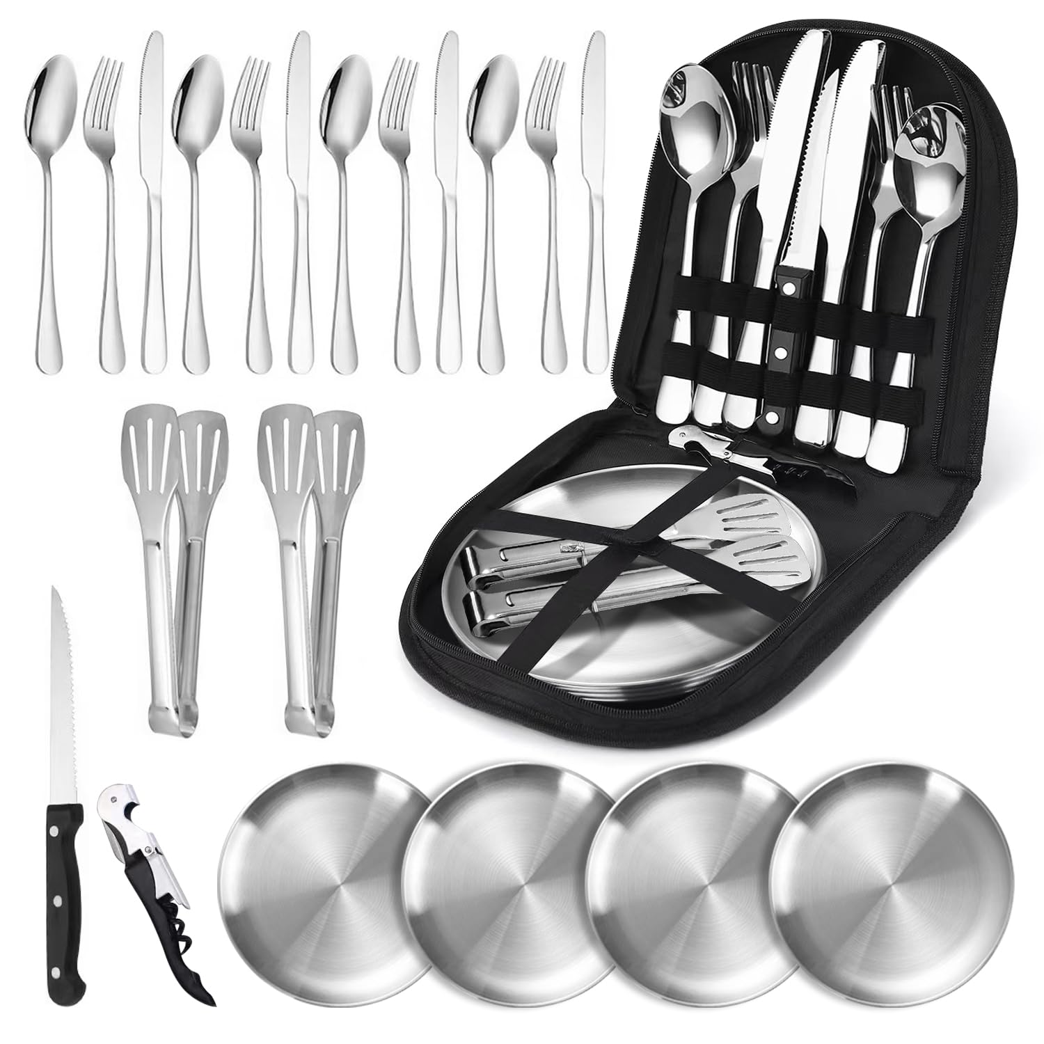 Set di Posate da Campeggio per 4 Persone, 21 Stoviglie da Campeggio Acciaio Inox con Cucchiaio,Forchetta,Ciotola,Borsa Portatile,per Picnic,Viaggi,Barbecue,Escursioni,Campeggio(Nero)