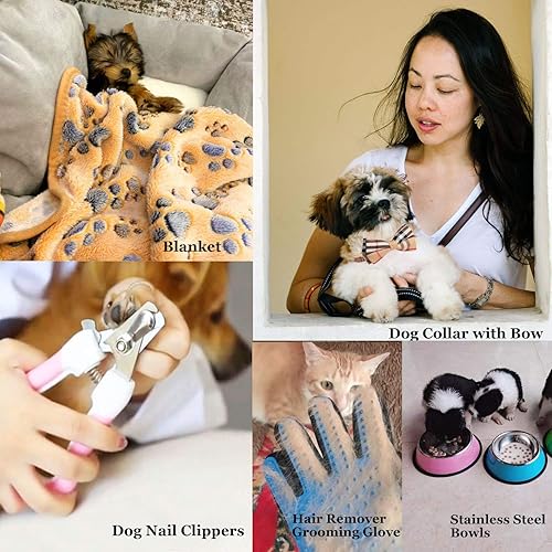 Miniatura 2 de TEEMERRYCA Kit de iniciación para cachorros de color rosa para perros pequeños, incluye cuencos de alimentación, collar de lazo, manta, juguetes