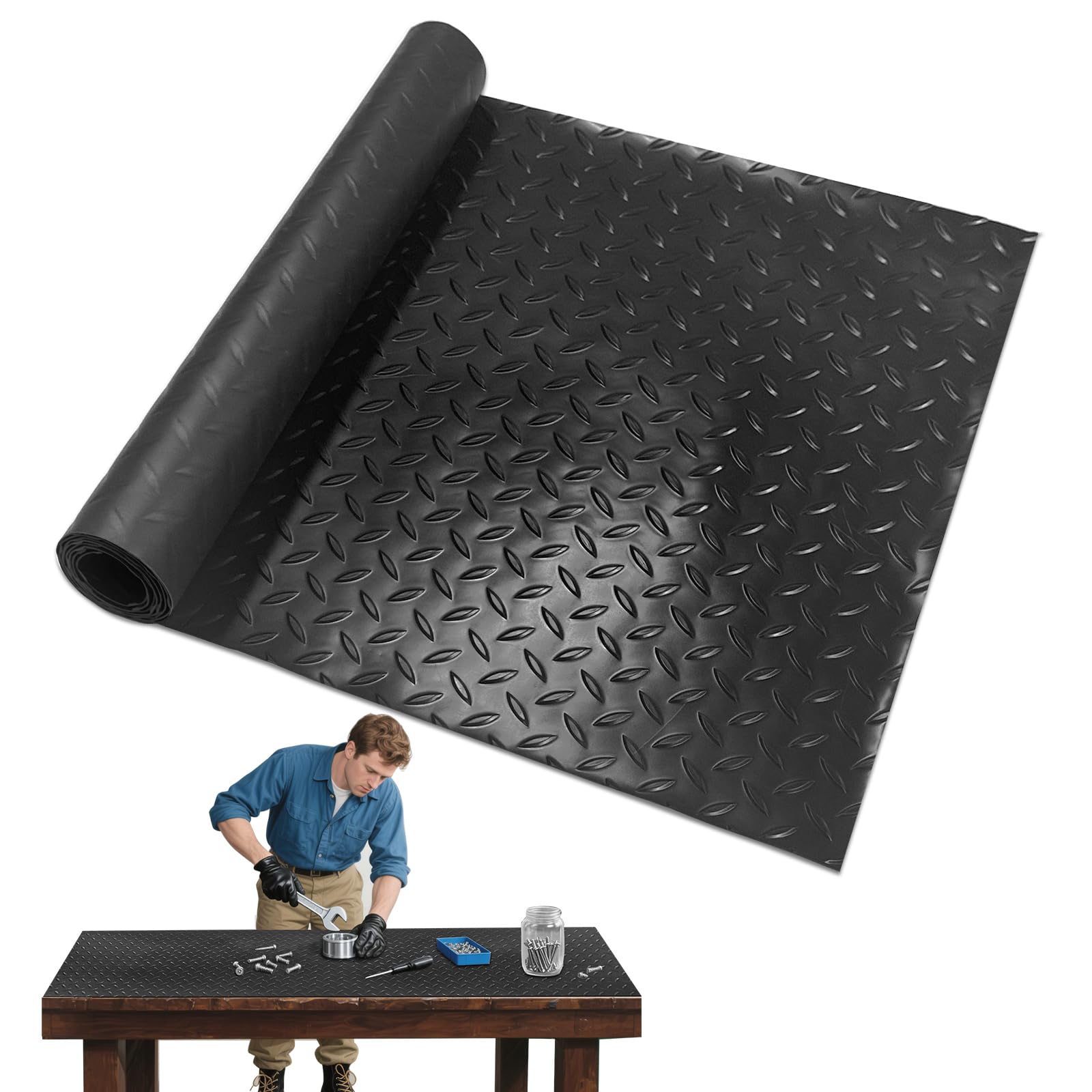 Photo 1 of 48" x 17" Work Bench Pad PVC Workbench Mat with Non-Slip Steel Plate Texture, 1.5mm Thick Scratch & Stain Resistant Surface for Woodworking, Crafting, DIY Projects and Tool Protection