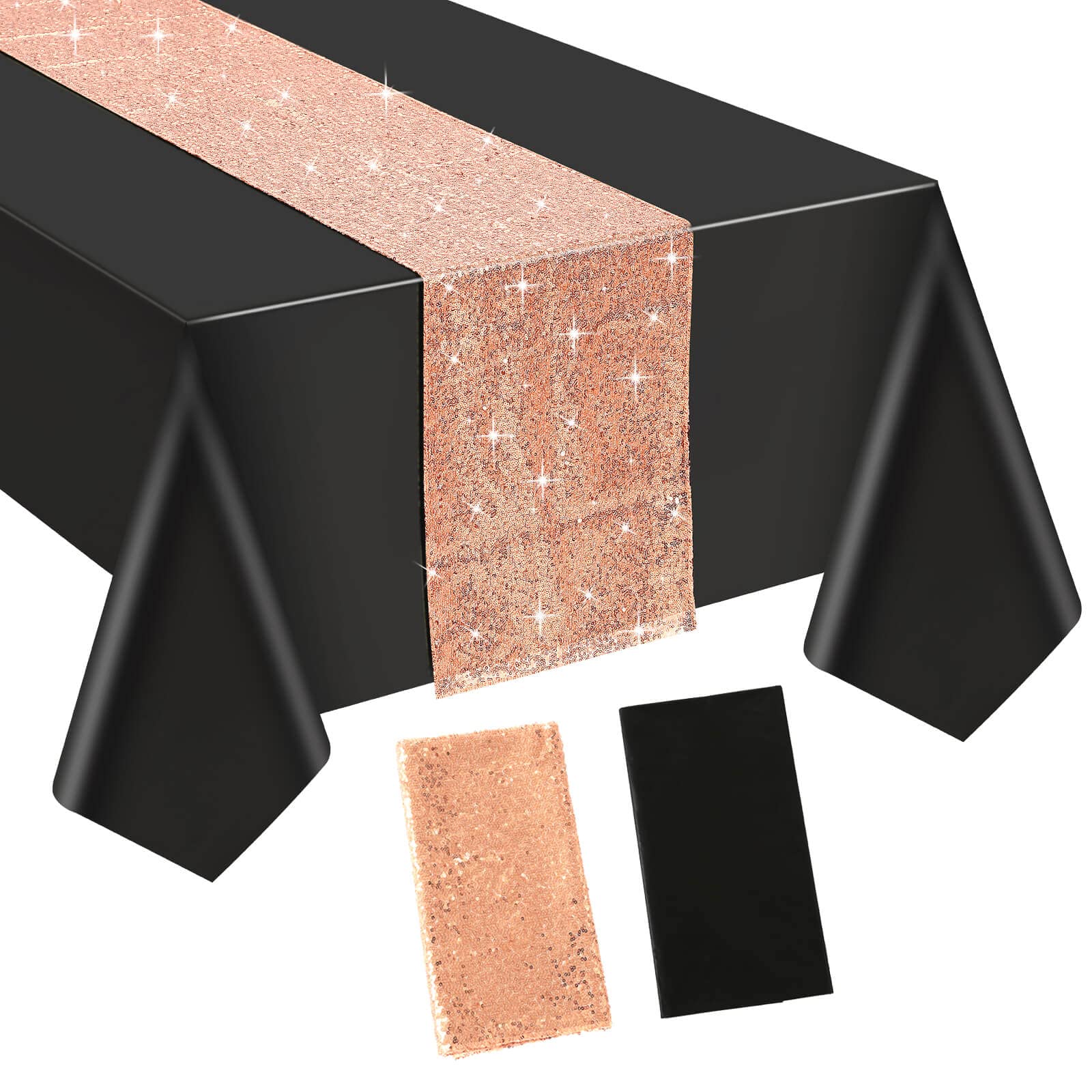 Gexolenu Black Tablecloth and Rose Gold Sequin Table Runner Set for