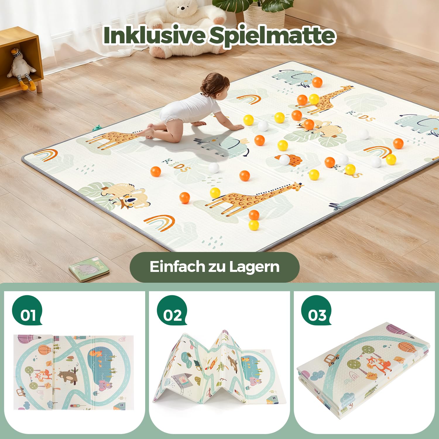 Großes Laufstall Baby Mit Matratze - Sicherer XXL Laufgitter Baby Mit Atmungsaktivem Netz, 60 Bällen, Basketballkorb, 4 Zugringen Und Einer Faltbaren Matte (Grün Krokodil, 150 x 180 x 66 cm)