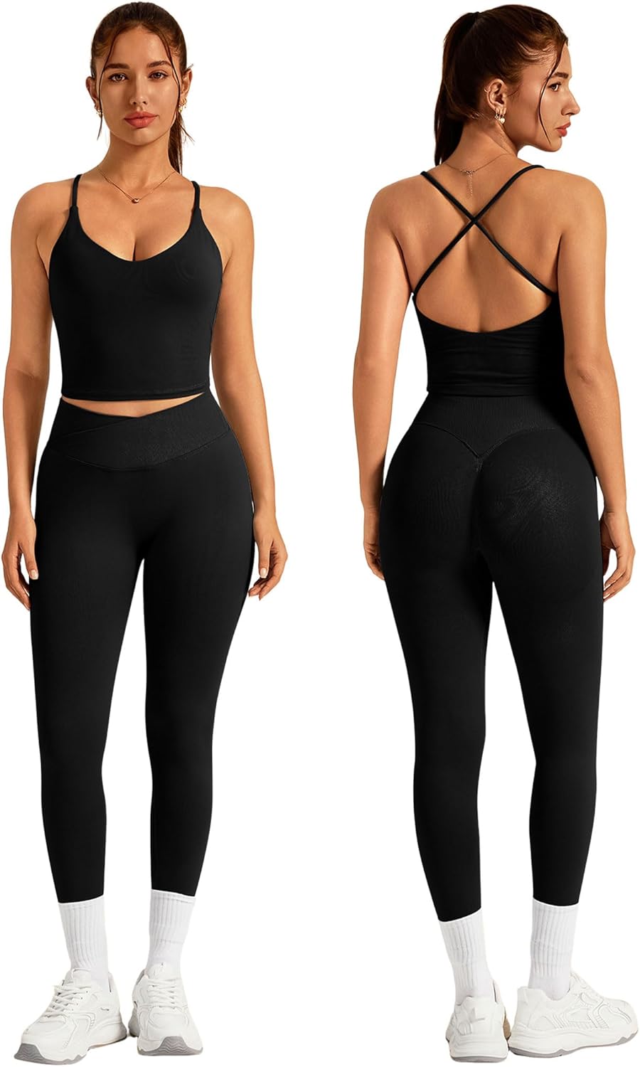 ABOCIW Womens Workout Sets 2 Piece Seamless Strappy Tank Top Crossover Waist Leggings Gym Sets Active Wear