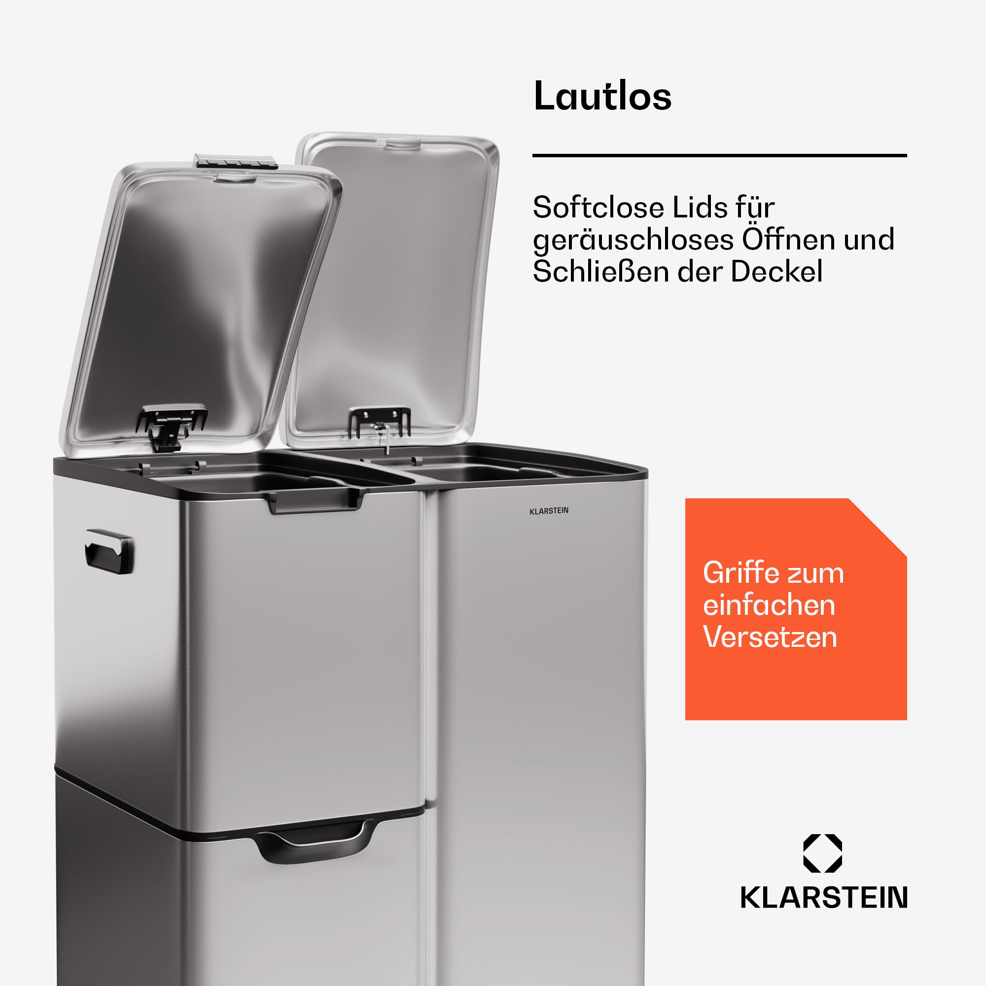 Klarstein Tiyo 3-in-1 Mülleimer - 60L Küchen-Abfalleimer mit Pedale & Soft-Close-Deckel, Edelstahl, herausnehmbare Eimer, Trennsystem, Aufkleber