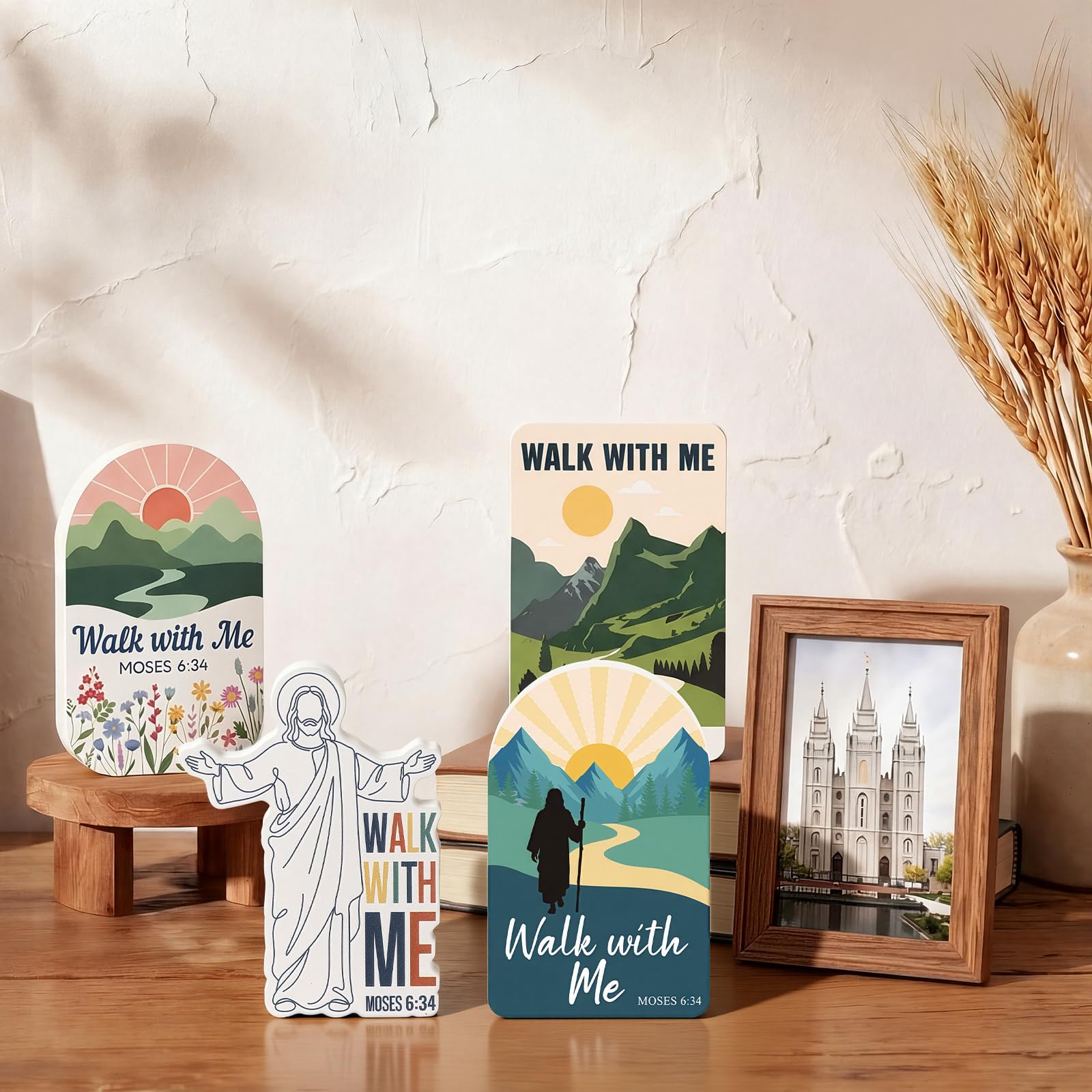Yousoontic 4 Pcs LDS Mormon Gifts Easter Walk with Me Wooden Desktop Decor, 2026 Walk with Me Gifts, Youth Theme Inspirational Christian Home Tabletop Signs, LDS Gift for Missionaries, Bishop Baptism