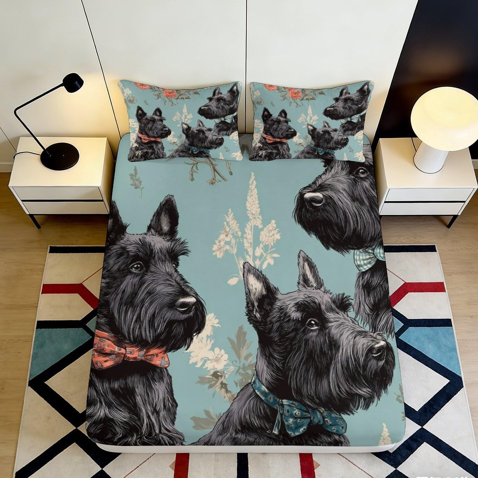 3D Printed Scottish Terrier Fitted Sheet Microfiber Soft Durable Dog Pattern Bed Cover for Bedroom Dormitory Guest Room Mattress Protection 200x200x25cm
