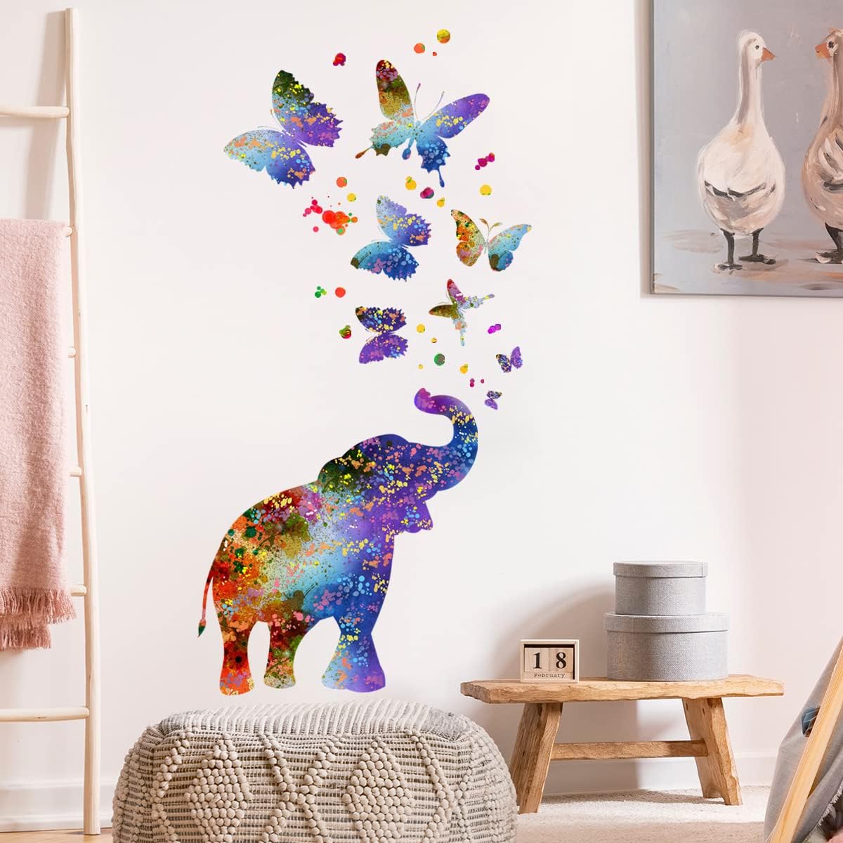 Creative Colorful Elephant Wall Decals Watercolor Butterfly Dots Wall Stickers DIY Removable Painting Ink Elephant Butterflies Wall Decor for Kids Girls Bedroom Living Room Nursery Decoration DT-093 image 3