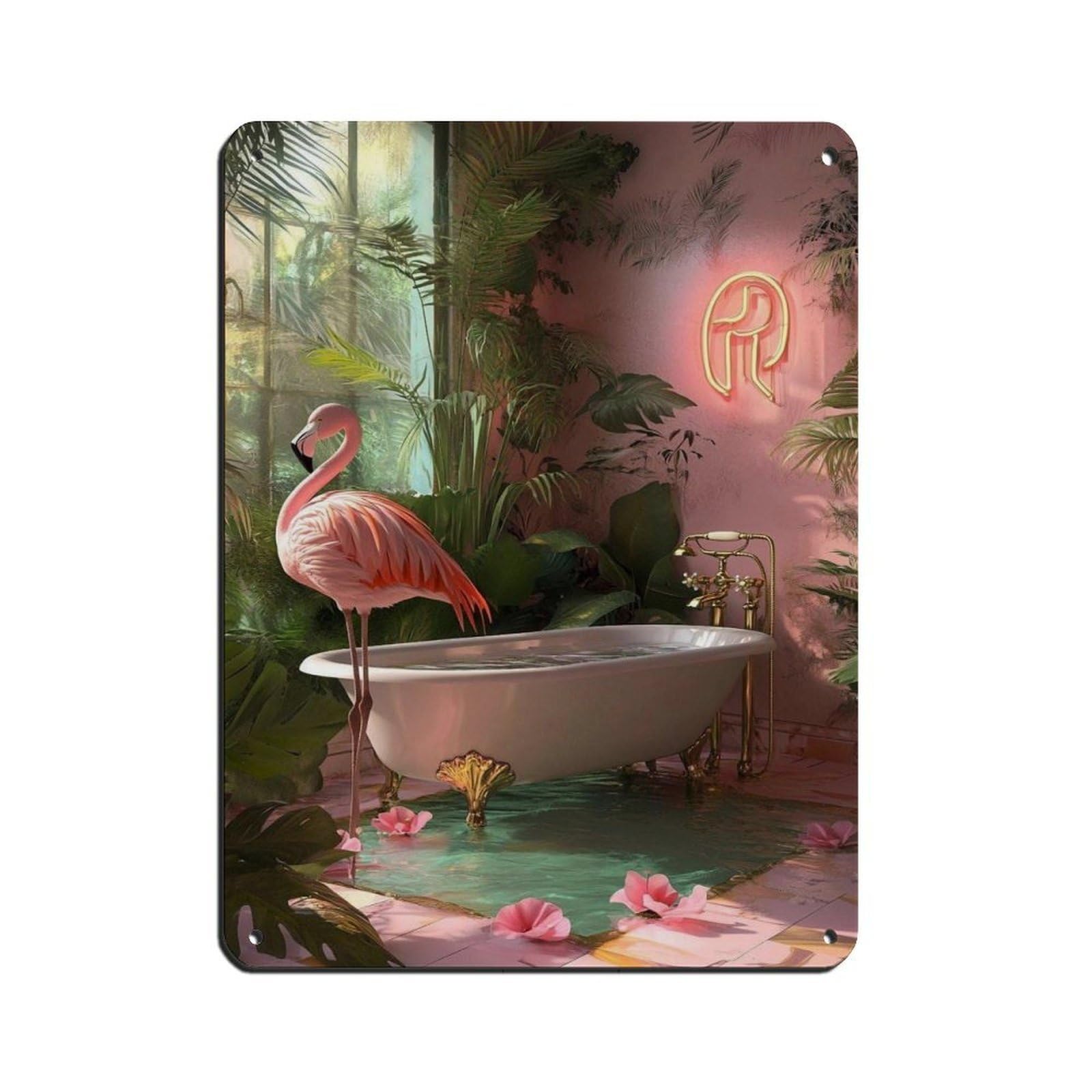 Lxwnze 30L X 40W Cm Flamingo Bathroom Art Pink Tropical Tin Sign Vintage Metal Pub Club Cafe Bar Home Wall Art Decoration Poster Retro 12X16inch(30X40cm)