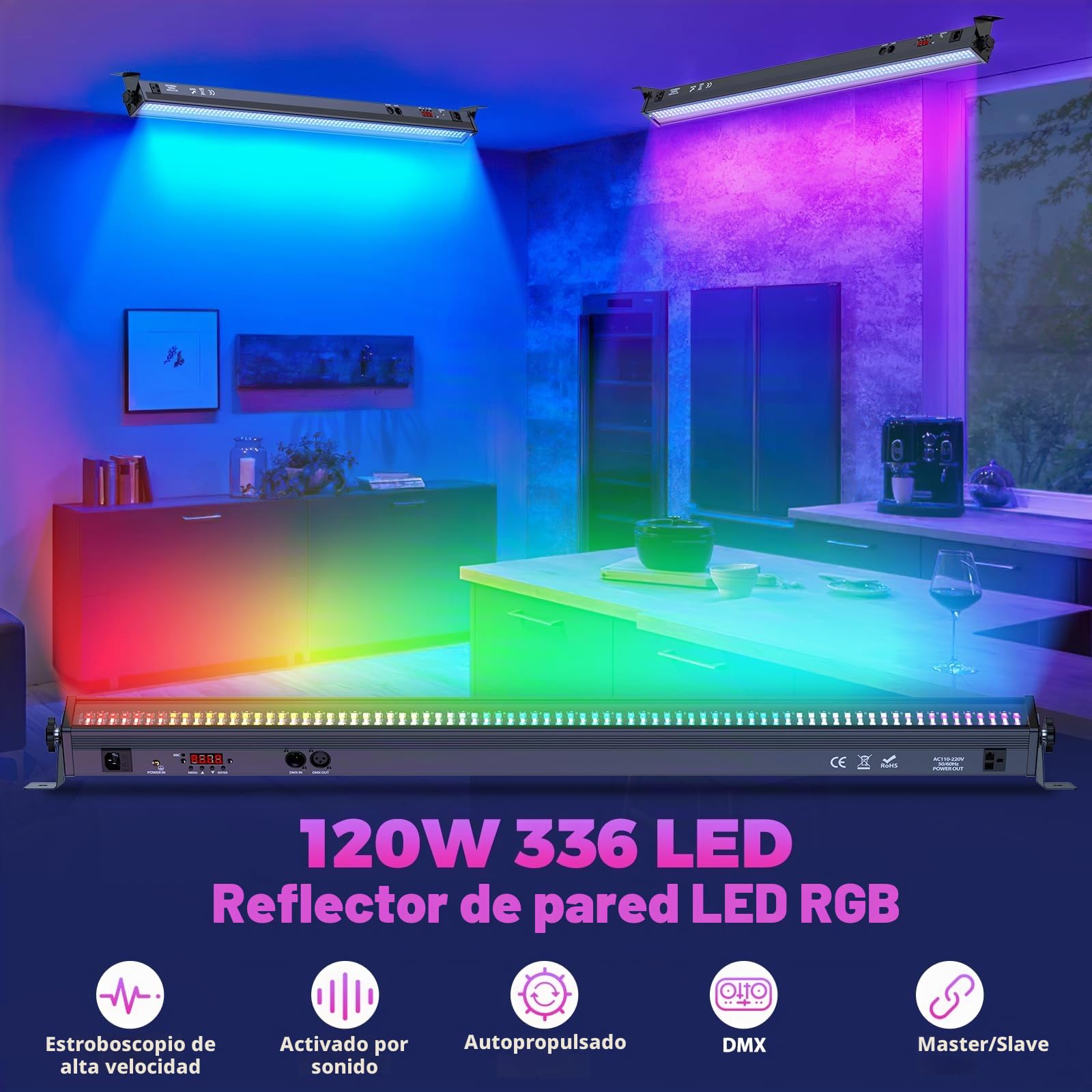 336 LED Barra de Wallwasher, 120W U`King RGBW Luz de Escenario, Luz Estroboscopica Efectos de Iluminación con dmx para DJ, Bar, Fiesta, Boda, Discoteca, Halloween, Navidad, 1 PCS
