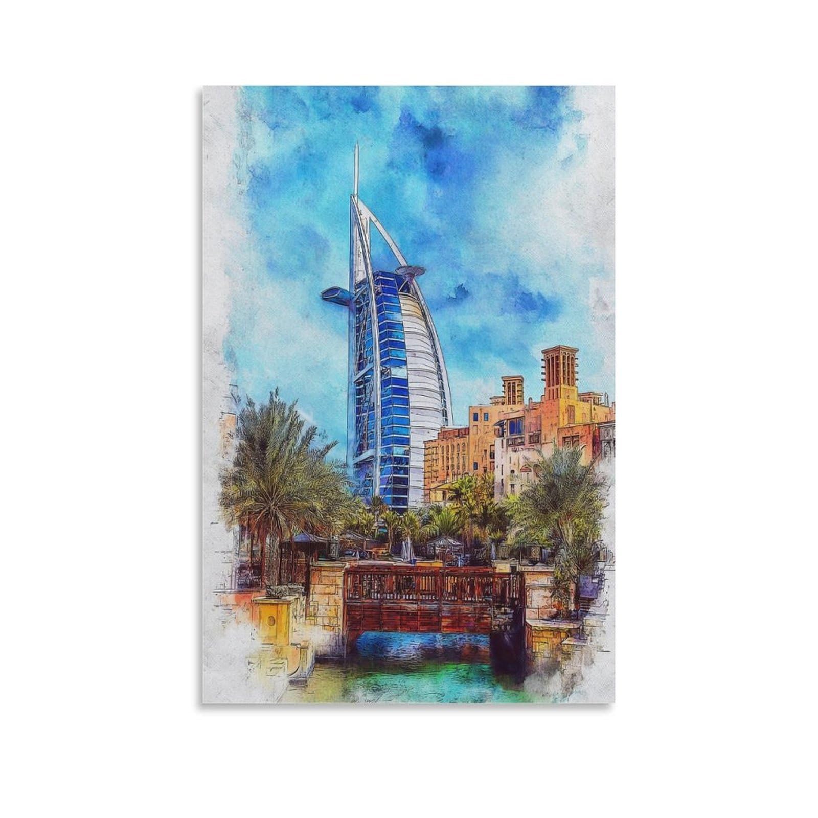 Cnaheiz Unframe-Style Dubai Burj Al Arab 24X36inch(60X90cm) Vintage Travel Poster Watercolor Canvas Art