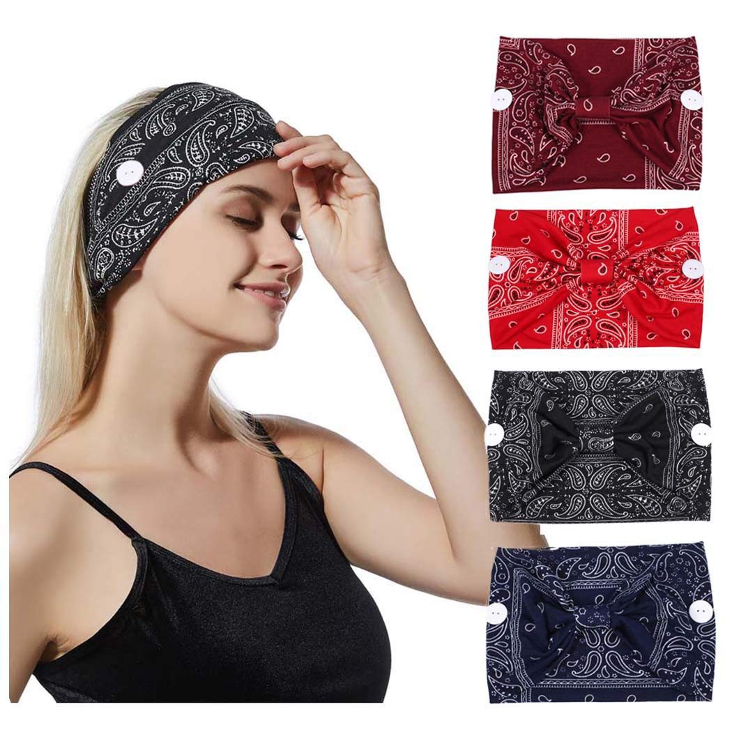 Sethexy Boho Button Headbands Yoga Bandeau Knotted Hair Bands 4 Pack Running Stretchy Cotton Head Band for Womem and Girls