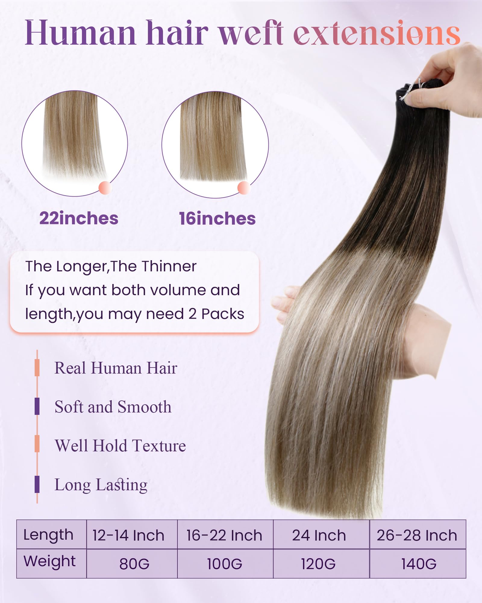 LaaVoo Weft Hair Extensions Real Human Hair Black Sew in Hair Extensions 100g 18 Inch Full Head Straight Balayage Light Brown & Blonde Remy Invisible Double Weft Weave #1b/8/22 - Image 4