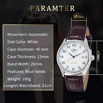 Gute Men's Mechanical Watch, White Dial, Blue Hands, PU Band | Self-wind
