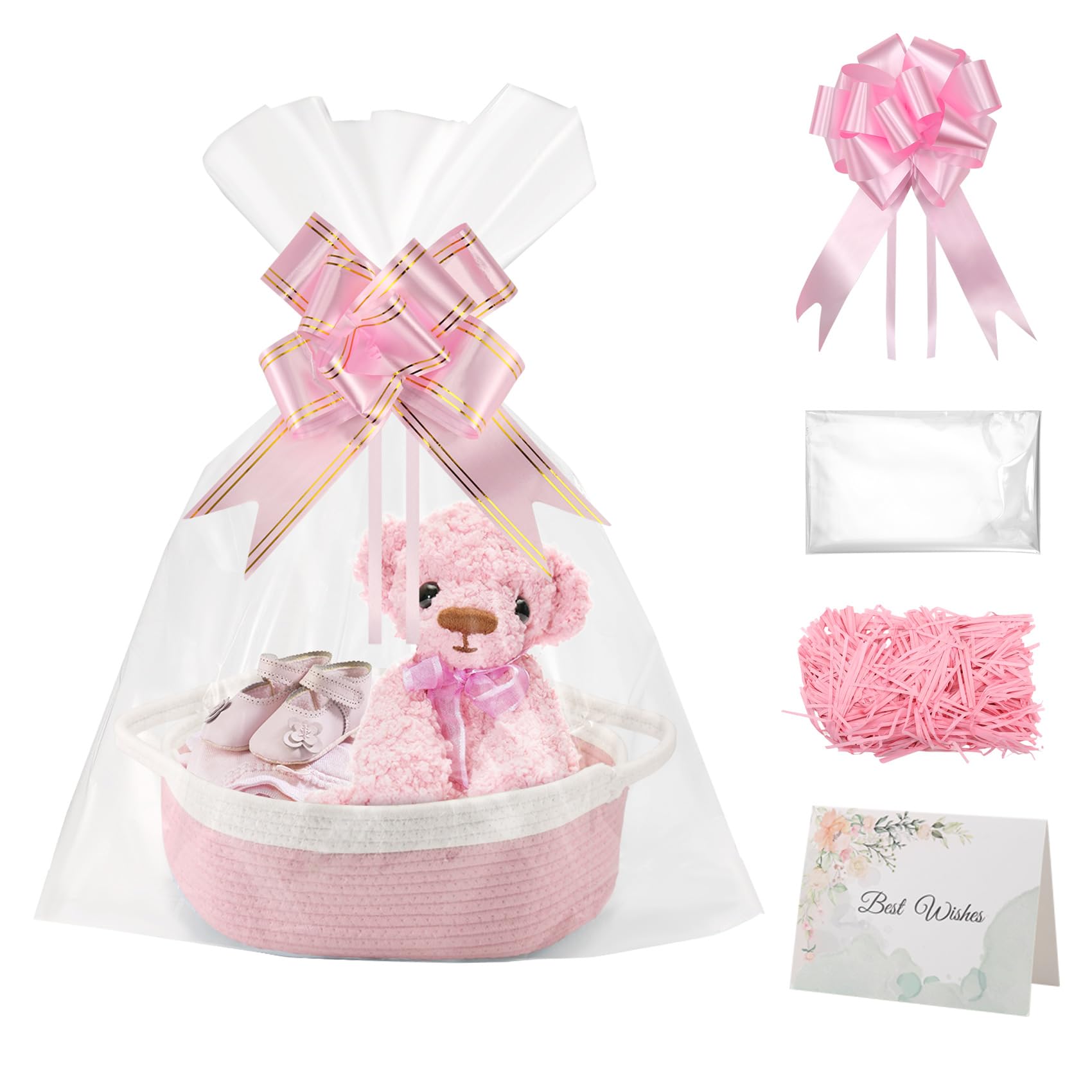 Nagoyuki Gift Basket Hamper Kit,Rope Basket Empty Baby Gift Baskets Kit with Bows Cellophane Bags Greeting Cards Shredded Paper Woven Baskets for Baby Shower,Wedding, Birthday (Pink)