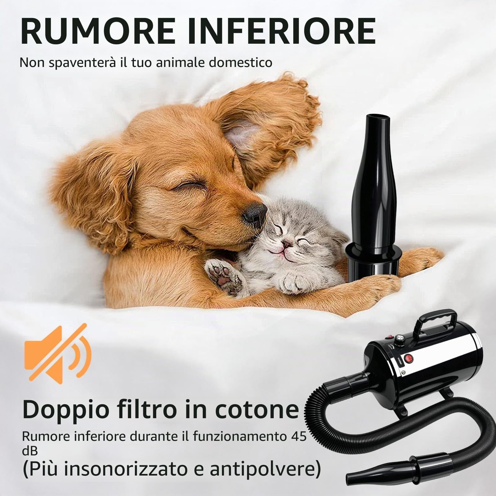Asciugacapelli per cani, 3200 W, molto silenzioso, 3200 W, asciugacapelli per cani con velocità e temperature regolabili, 4 diversi ugelli, tubo elastico e spazzola per la cura