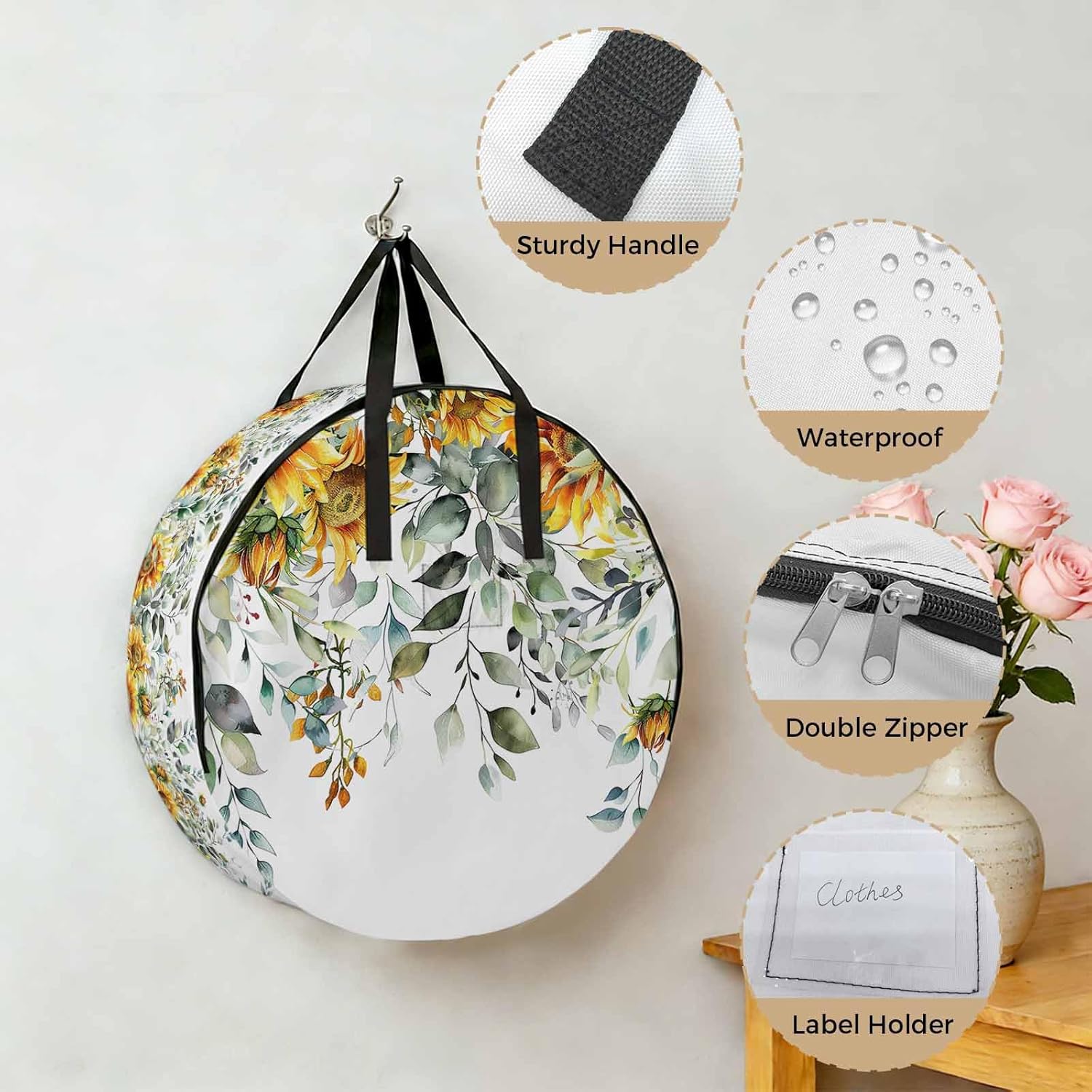 Pastoral Floral Plant Round Storage Bag 36 Inch, Sage Sunflower Eucalyptus Leaves White Clothes Storage Container with Handles Heavy Duty Organizer for Comforter, Bedding & Holiday Wreaths