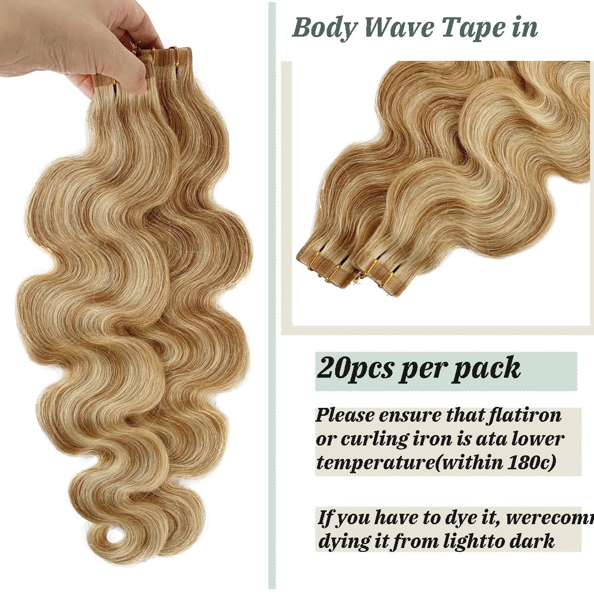 Body Wave Highlights Balayage Tape in Hair Extensions Ombre Honey Blonde to Bleach Blonde Tape ins Extensions 100% Remy Human Hair 22 Inch Wavy 60grams/20pcs Seamless Soft Silky Weft