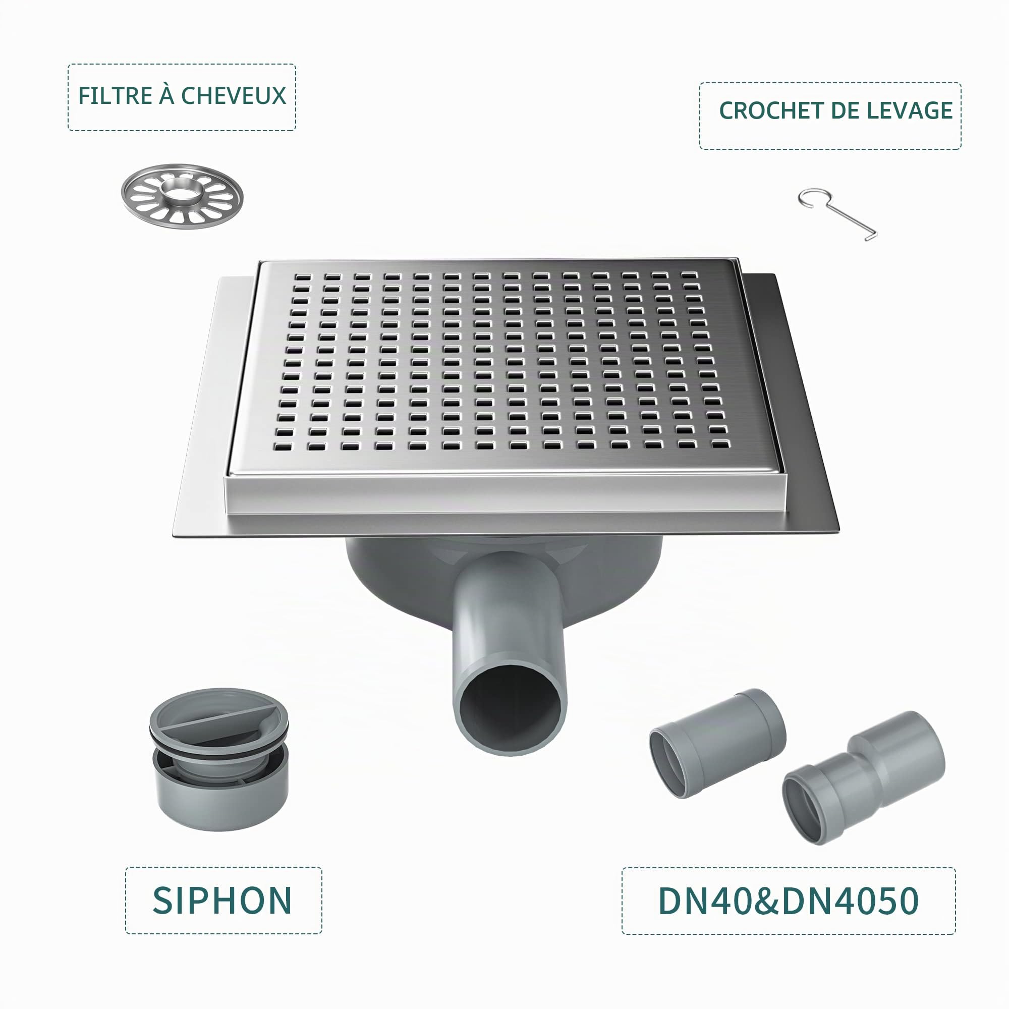 DN50 DN40 Canne de Douche carrée 20 x 20 cm, Siphon 360 ° avec Anti-odeurs et passoire à Cheveux en Acier Inoxydable gouttière d'évacuation de Sol très Plat
