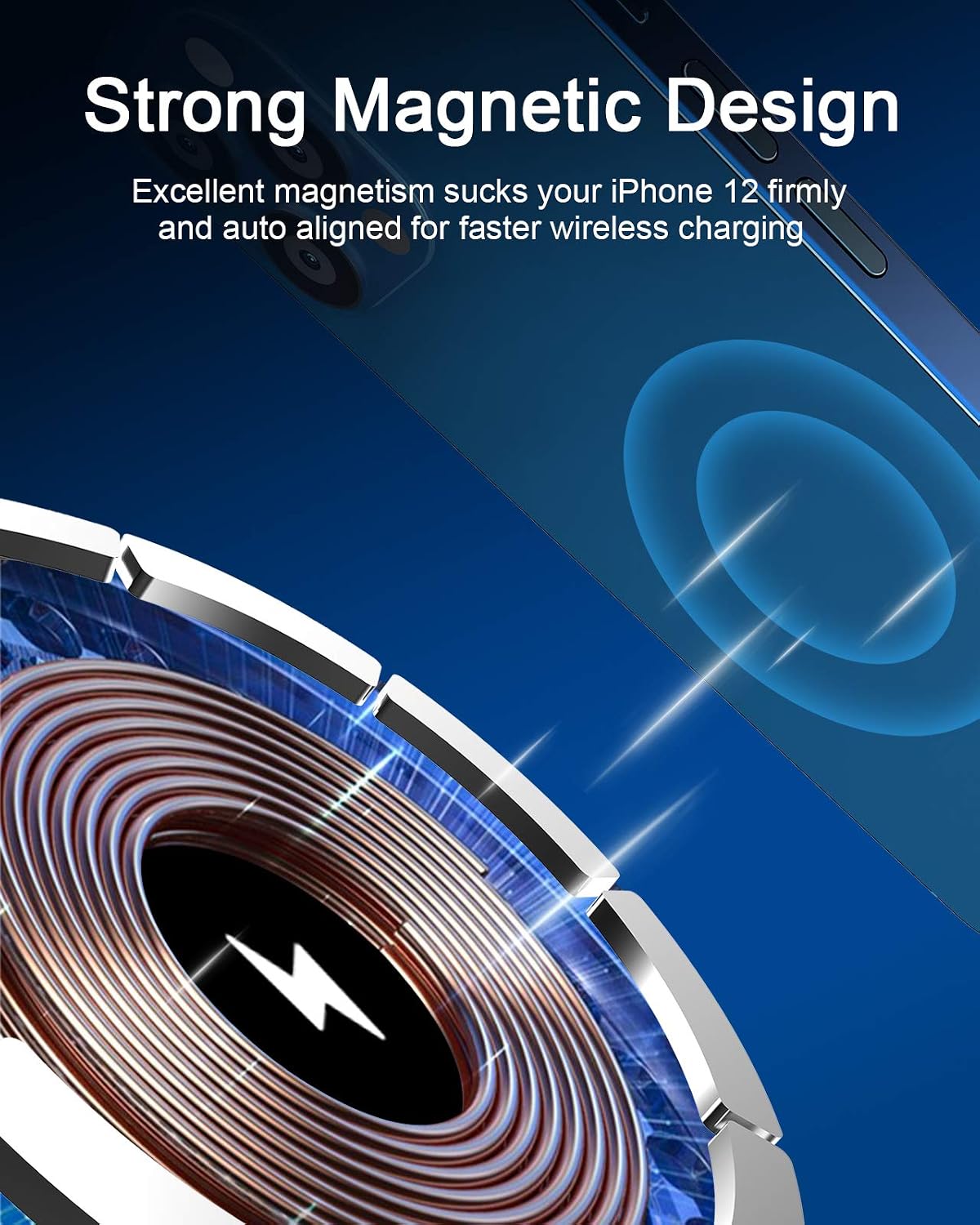 Image illustrating the strong magnetic design of the NANAMI wireless charger aligning with an iPhone 12.