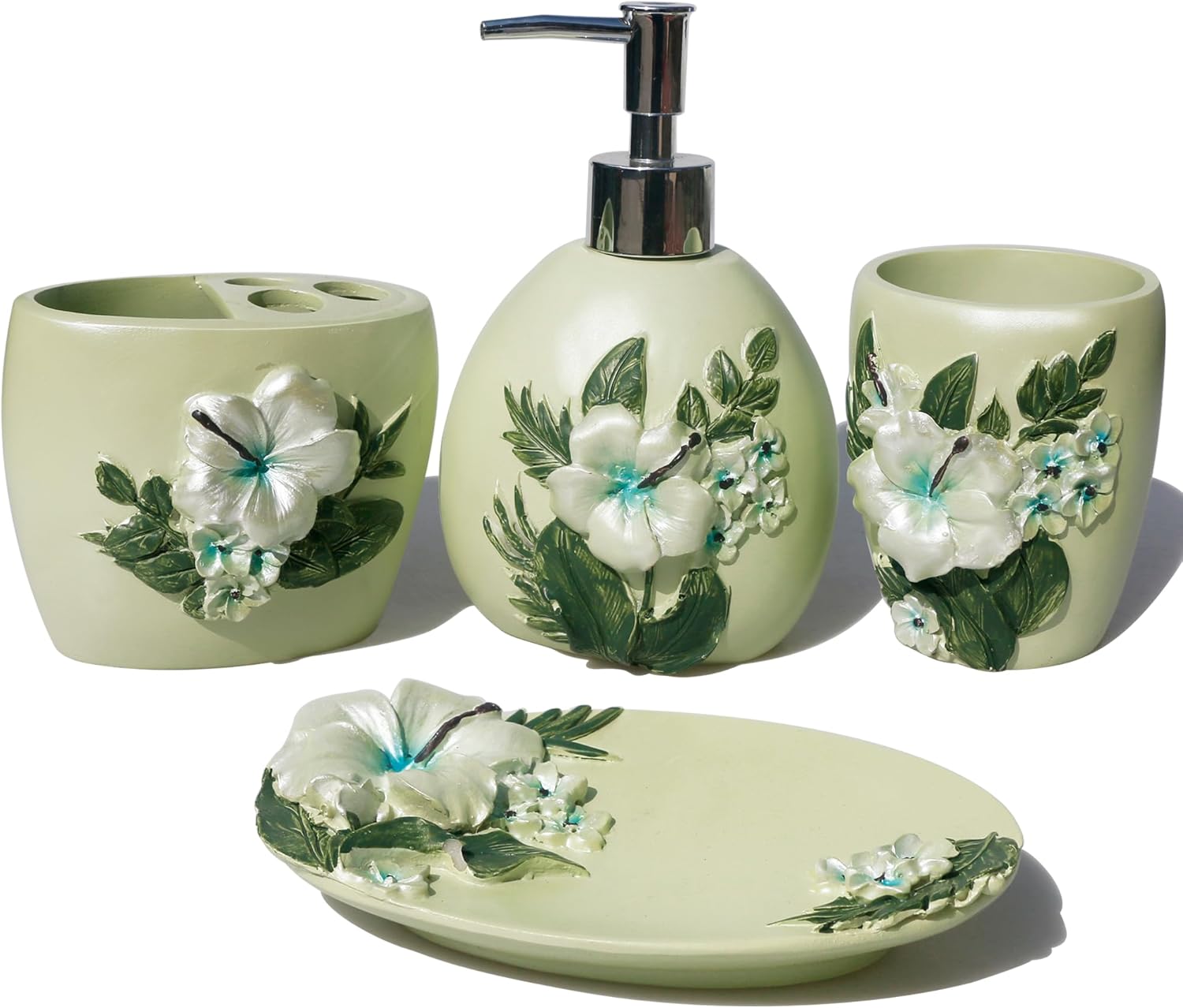 Decorative Bathroom Accessories Set, Pastoral Style Vanity Organizers Including 1 Tumblers, 1 Soap Dish, 1 Toothrush Holder and 1 Soap Dispenser, Green with White Flower and Green Leaf