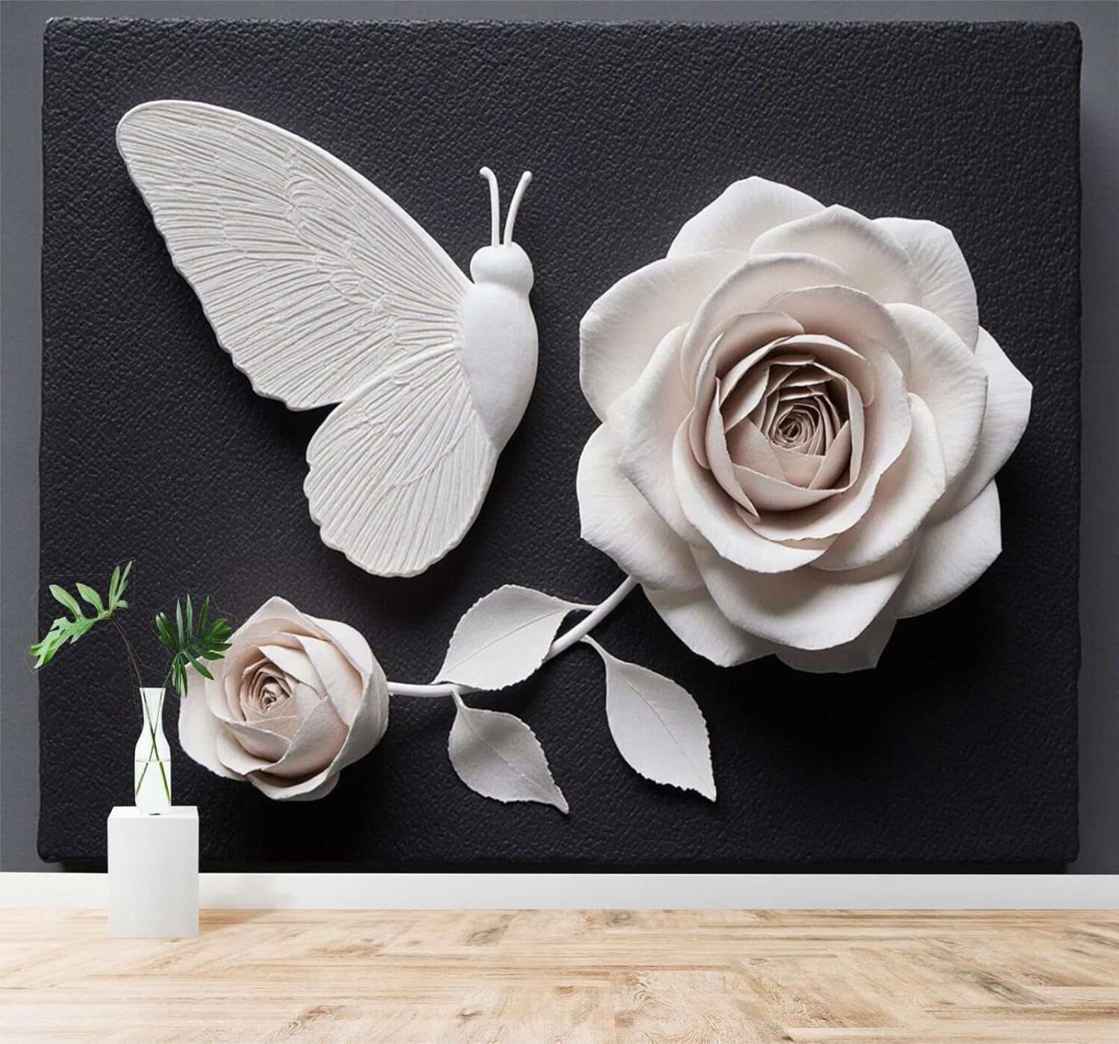 XLMING Three Dimensional Minimalist Beautiful White Butterfly Rose 3D Wallpaper Silky Texture Home Study Office Grey Dining Room Sofa Bedroom Living Room TV Backdrop-350cm×256cm