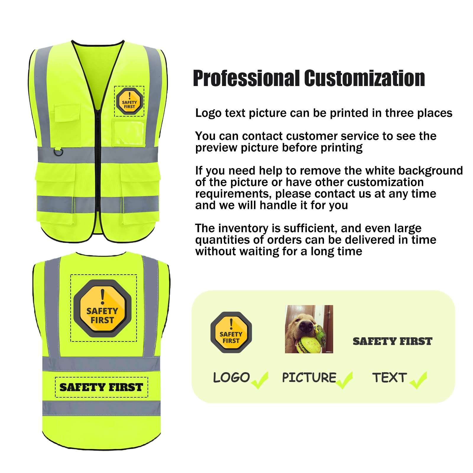 Safety Vest Custom Logo Class 2 Hi Vis Reflective Vest High Visibility Vest Construction security Work Vest for men/women with 5 Pockets /1 Pack (Yellow, XL)