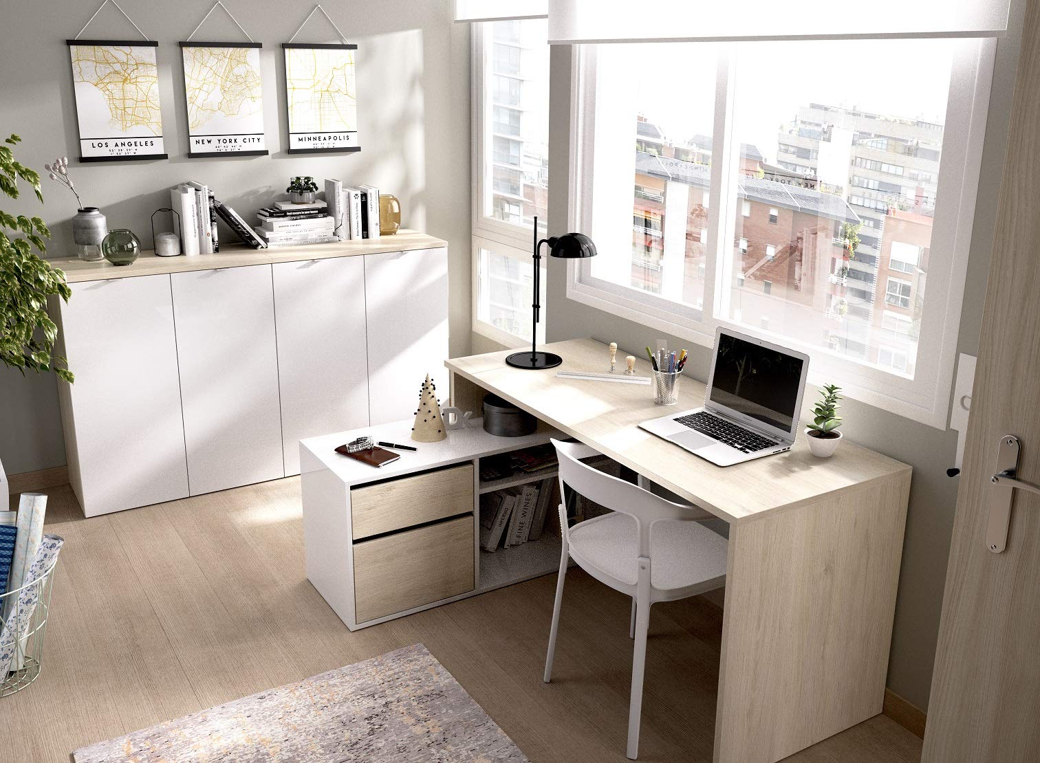 Mesa de estudio 139 cm moderna y barata en natural y blanco brillo