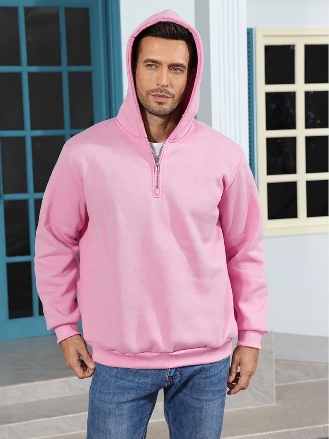 Men Quarter Zip Hoodie Fleece Lightweight Mens Half Zip Pullover Long Sleeve Drop Shoulder Hooded Sweatshirt - Image 4