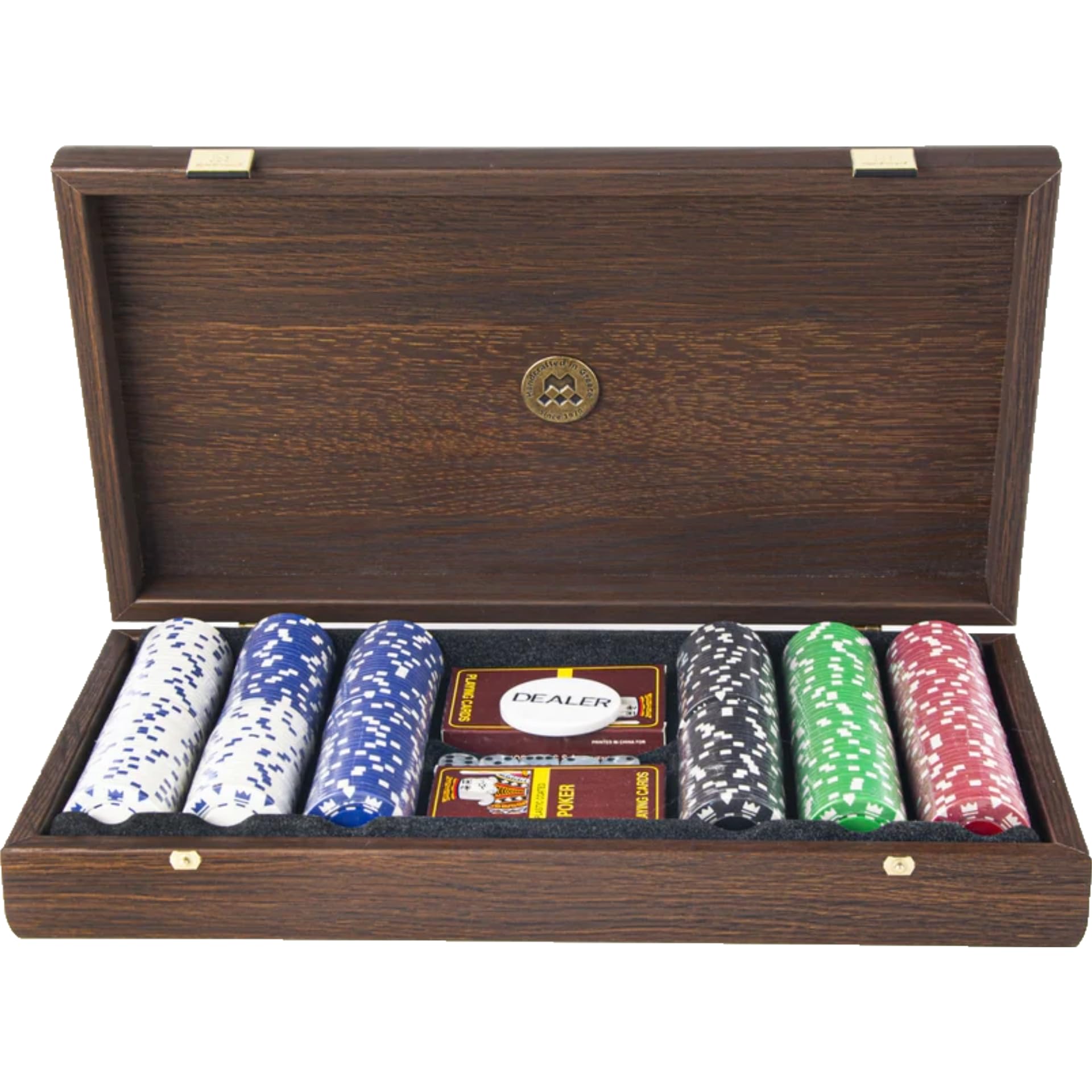 Manopoulos Luxury Poker Set - Oceanline Edition, Caja de Madera con Chapa de Burl Californiano, 300 Fichas de Póker, Interior de Terciopelo, 2 Juegos de Cartas.