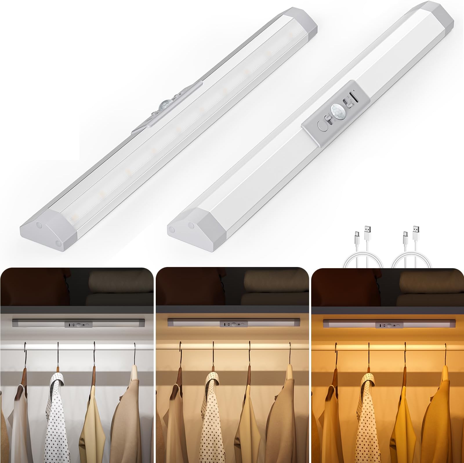 Rechargeable Motion Sensor Closet Light，3 Color Dimmable LED Bar with Eye Comfort Design，Magnetic Mount Wireless Battery Operated LED Lighting for Wardrobe，Stairs，Pantry，Hallway, 12inch, 2PCS