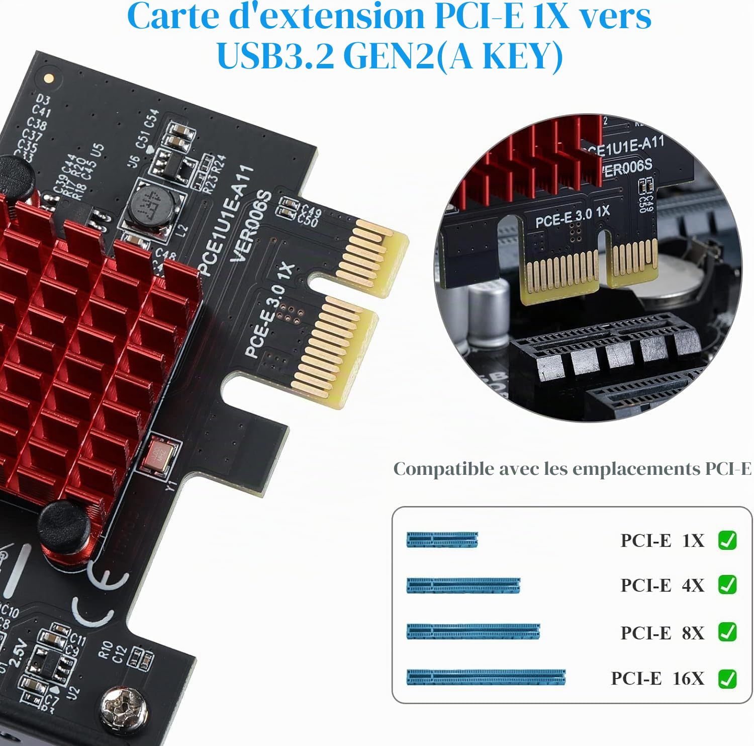 Connecteur de Panneau Avant PCI Express 1X vers C-Type, Carte d'extension PCIE USB3.2 GEN2 Type-E, Carte Adaptateur PCIE USB3.1 10 Gbps avec Puce ASM3142 pour WIN10/8/7
