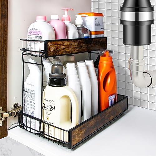 MZUOTU Organizador y almacenamiento para debajo del fregadero, organizador de armario extraíble de 2 niveles, estante deslizante, almacenamiento de